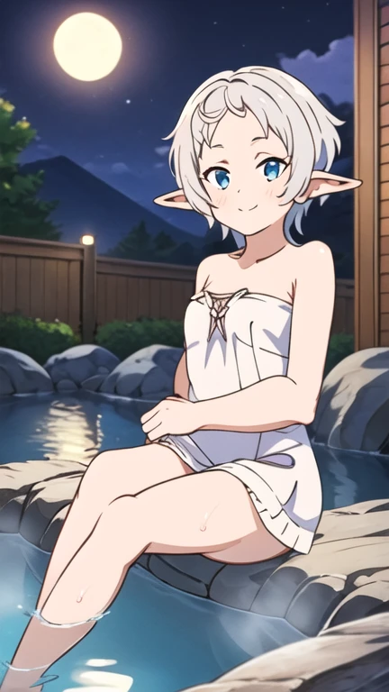 1girl, adult woman, elven ear, very long hair, white hair, green eyes, blushed, lewd smile, pleasure face, completely naked, small breasts, nsfw, frieren, sitting, spead legs, pussy free, detailed background hot steam thermal pools, nighttime, outdoor, looking at viewer
