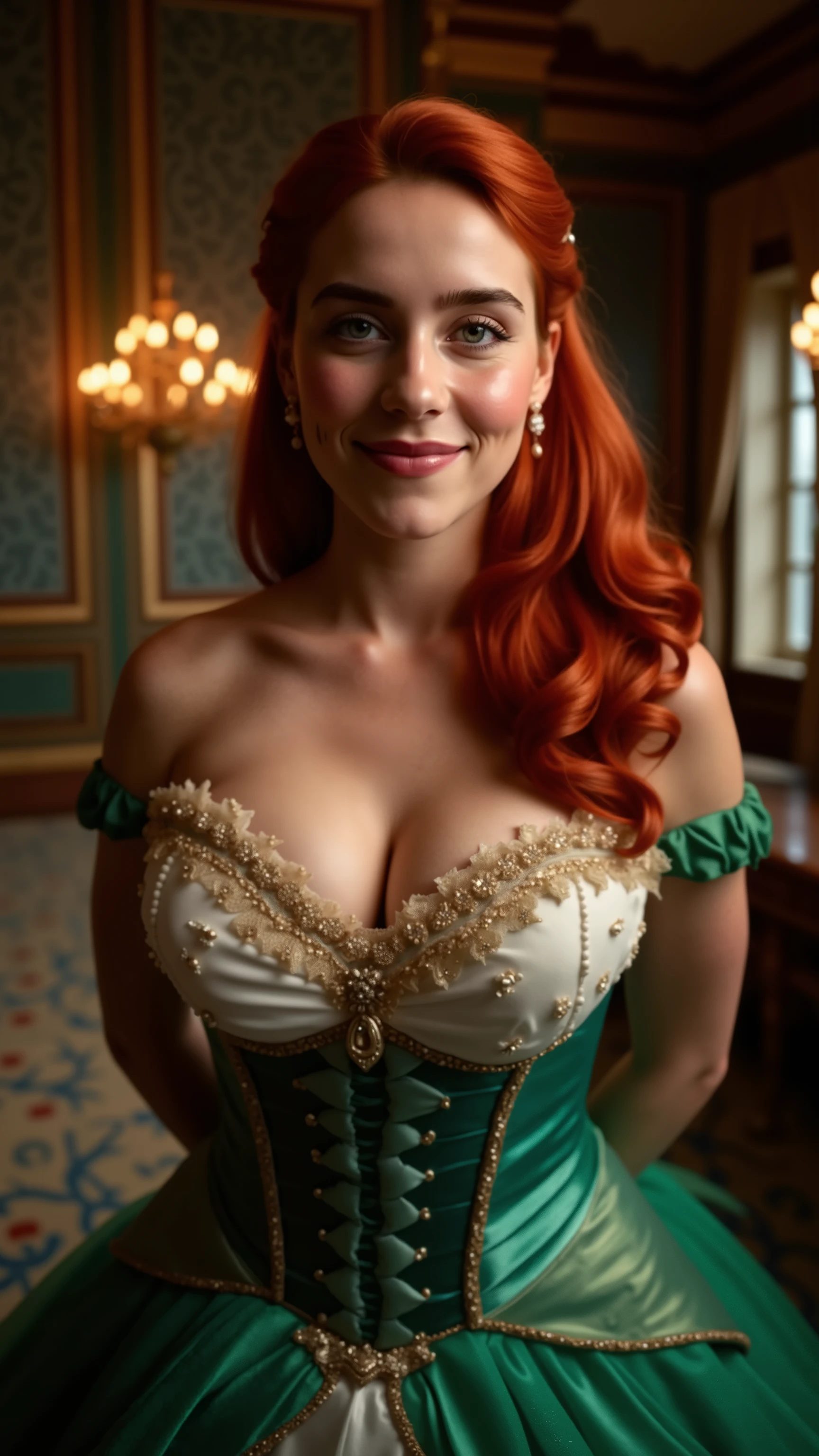 Very Close-up high angle fish eye portrait of a demure figure, a very busty teen in a ariel costume, ornate ball gown, ((18 years old with tiny breasts; her bodice is untied and loose exposing her cleavage, Disney princess Ariel costume; glued to the body; beautiful and elegant; tiny breasts; red hair swept to the side))) and piercing gaze, standing in a dimly lit palace room with ornate designs and a high ceiling, with just a hint of early morning sunlight peeking through the windows. She stands firm, hands clasped behind her back, as she gives a slight smile. The lighting in the room is dim with a lot focus on her huge breasts