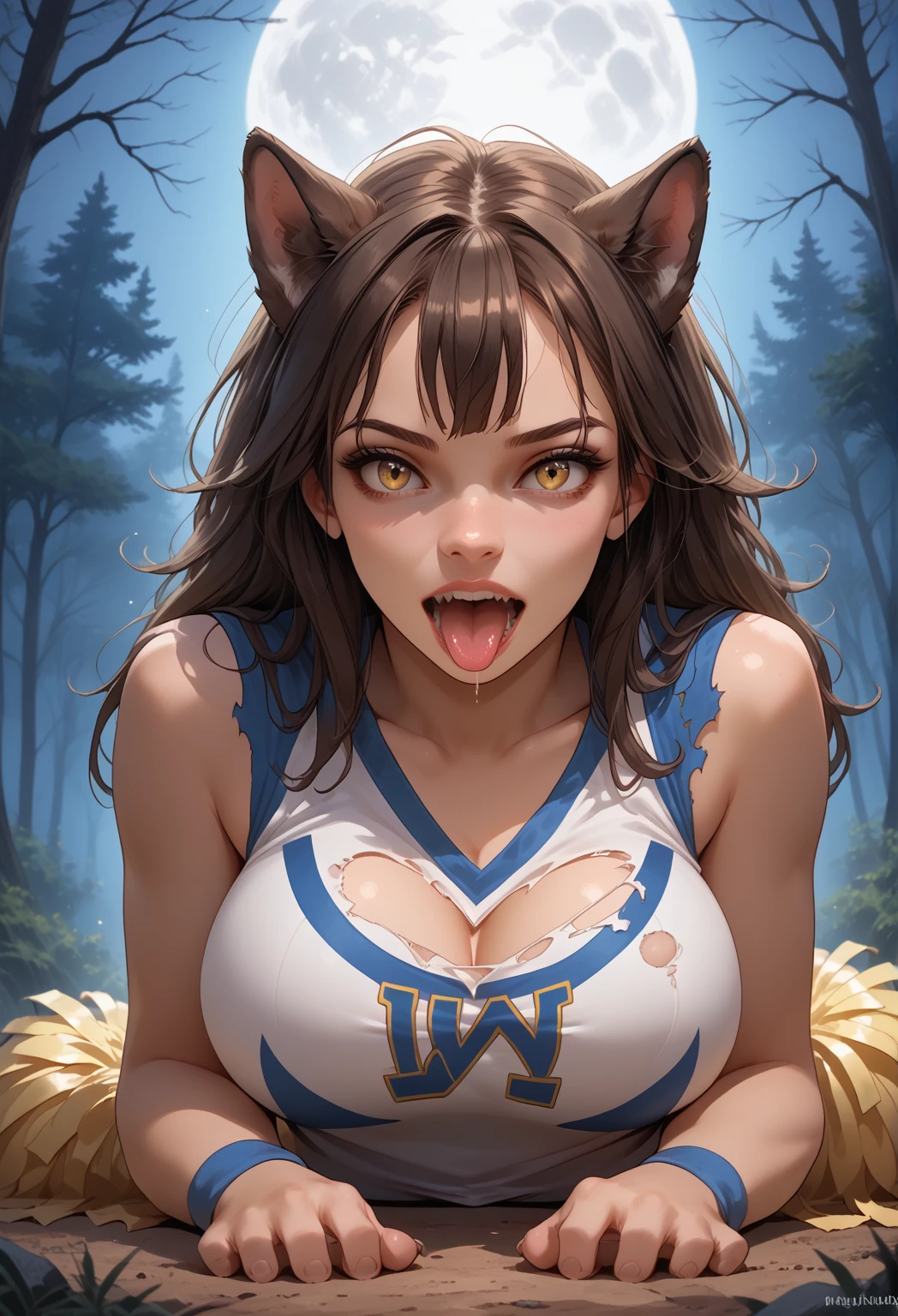 (transformation:1.5), a sexy cheerleader being transformed into a werewolf. Wolf ears, wolf tail, wolf paws, wolf claws, wolf fur, wolf teeth, wolf tongue, wolf nose, the word "WOLF" on her uniform, laying on her back, ripped clothing, at midnight, under the moonlight, full moon, moonlit forest clearing background, large breasts, howling up at the moon, face pushing outward into a wolf muzzle, 1girl, solo