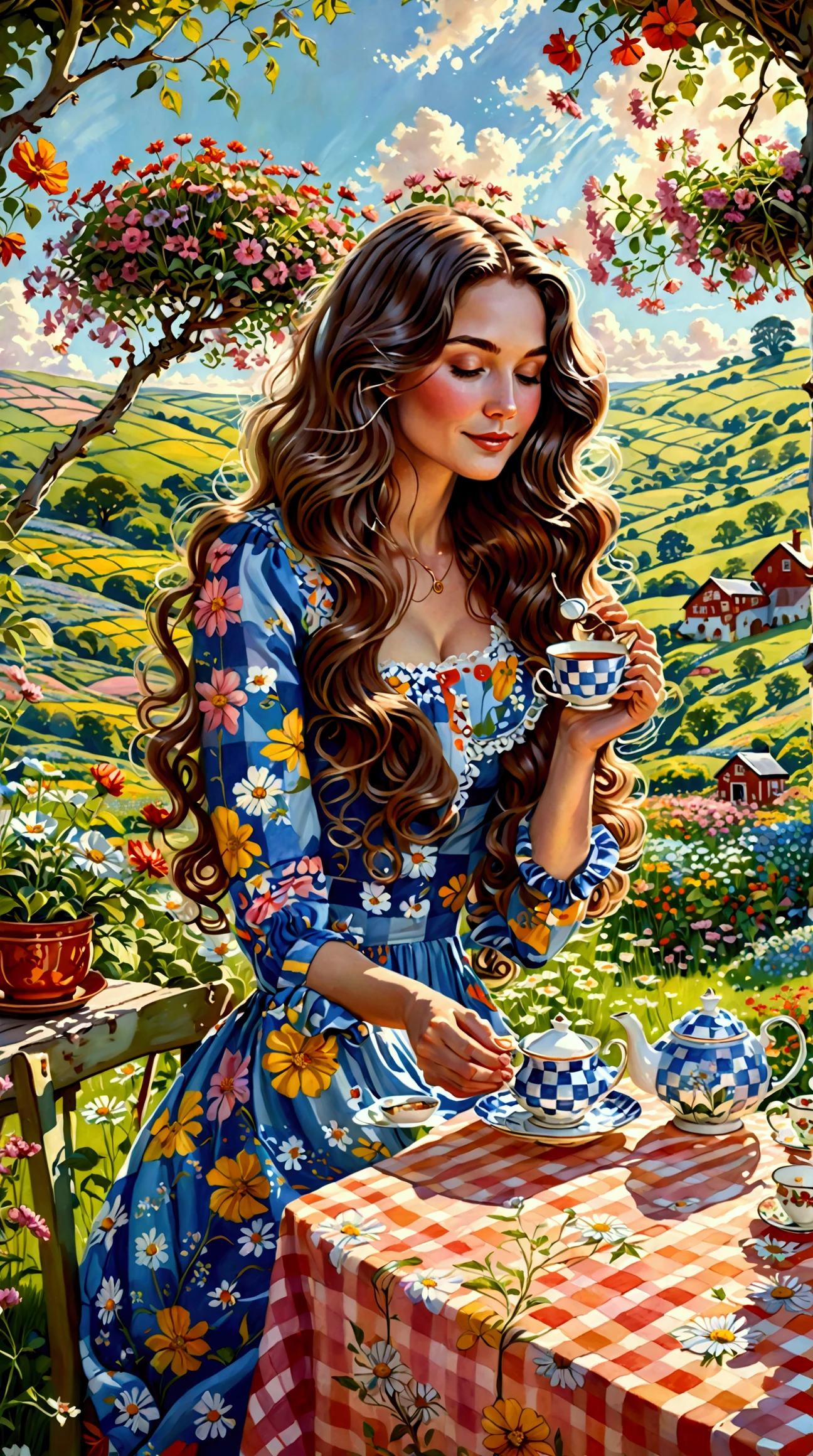 A beautiful illustration of a woman with long wavy hair, sitting at a table in a flower-filled meadow, enjoying tea. She wears a floral dress that matches the vibrant garden around her. The table has a checkered tablecloth, a teapot, and a teacup. A tree with hanging plants shades the scene, and rolling hills and a bright sky form the background.