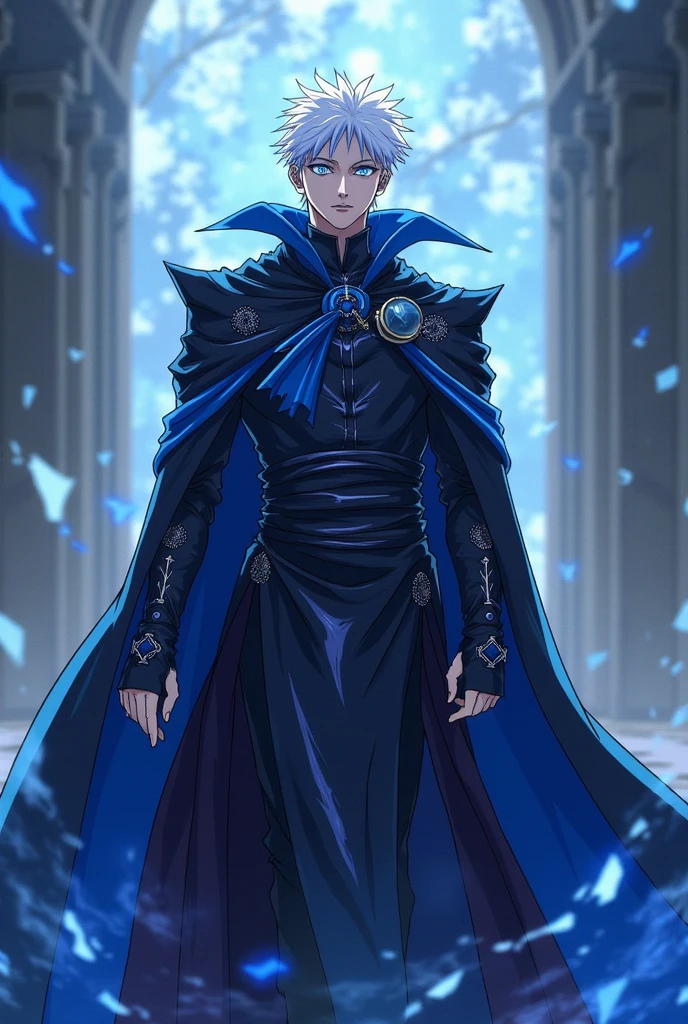 Create an image of the character Satoru Gojo from Jujutsu Kaisen being a member of the Targaryen family from Game of Thrones, blue and reddish details on clothes