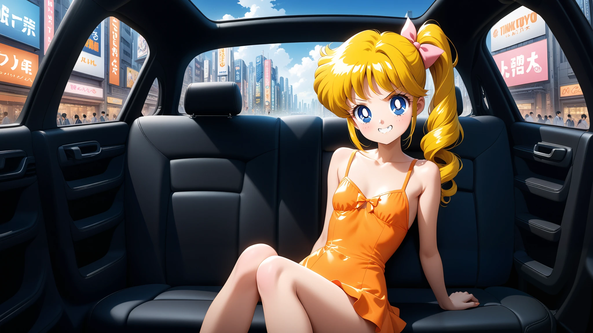 (masterpiece, best quality, very aesthetic , ultra detailed), intriguing details , 4K, aavenus, long hair, angry smile, blonde hair, hair combed to the side, blue eyes, 1girl, 1girl, Pastel Peach Twisted Side Ponytail with Hair Cuff, tiny , inside car, looking at viewer, ground of city tokyo, cute orange mini dress, detailed background, intricate details