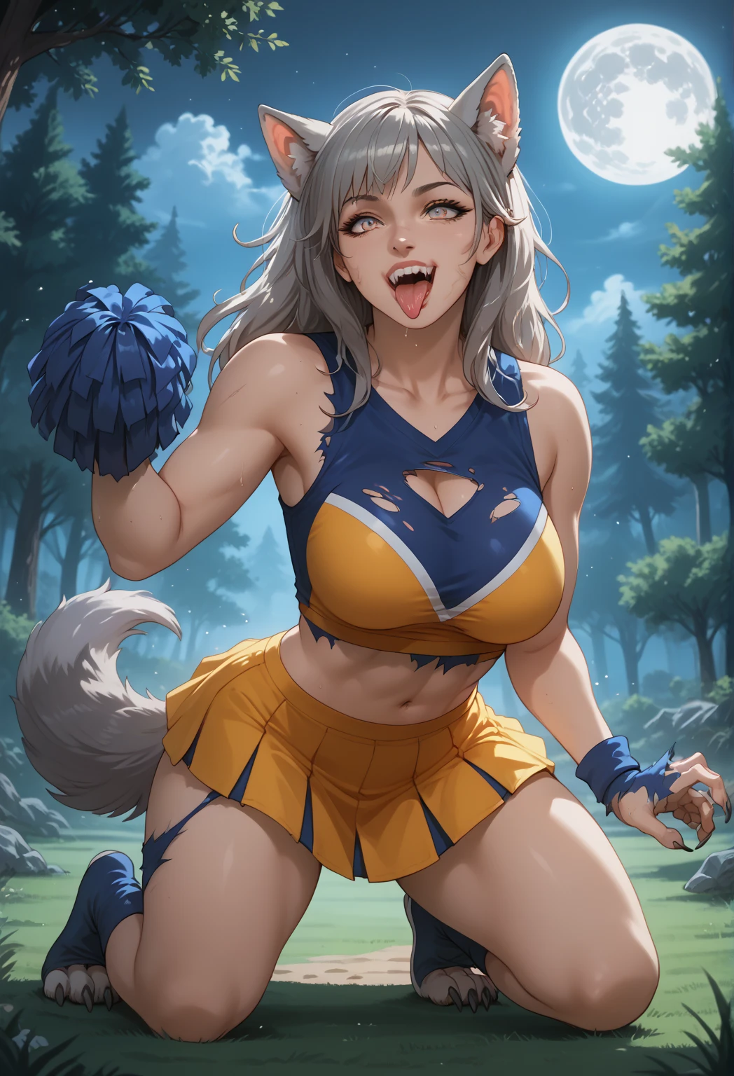 1girl, solo, (transformation:1.5), a sexy cheerleader being transformed into a werewolf. Her torso is dividing into two distinctly different looking werewolves, one dark and one light, representing different sides of her personality. Wolf ears, wolf tail, wolf paws, wolf claws, wolf fur, wolf teeth, wolf tongue, wolf nose, "Wolf" on her uniform, on her knees, ripped clothing, at midnight, under the moonlight, full moon, moonlit forest clearing background, large breasts, howling up at the moon, face pushing outward into a wolf muzzle, 1girl, solo