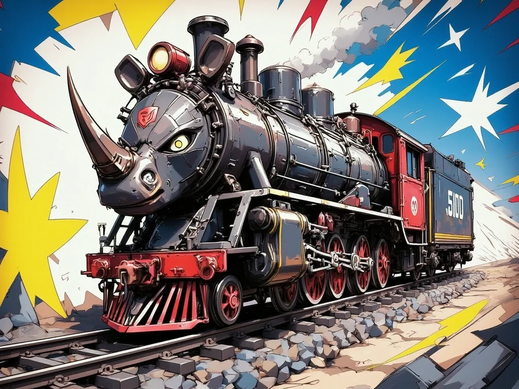 (perfect art), symmetrical, ((anime)),  fantasy art ,  Extremely Detailed ,  Soft Ambient Lighting , 4K,  photorealistic , (4K),  depth of field, ( masterpiece ), ( realistic skin texture ),  Extremely Detailed ,  hyper detailed , bokeh,  High resolution ,  sharp details ,  best quality , ((a locomotive with a rhino shaped balduina)), ( fantasy art ),  prominent rail gun mounted on a keel, ( future locomotive style ), Art of Zoids ,  anime art,  vehicle concept ,  large space train ,  biomechanical railroad , sound wave,  battle ram , zoids, choo choo,  samurai jetstream sam ,  transformers armed !!!!!, (( mech well-armored rhinoceros )).