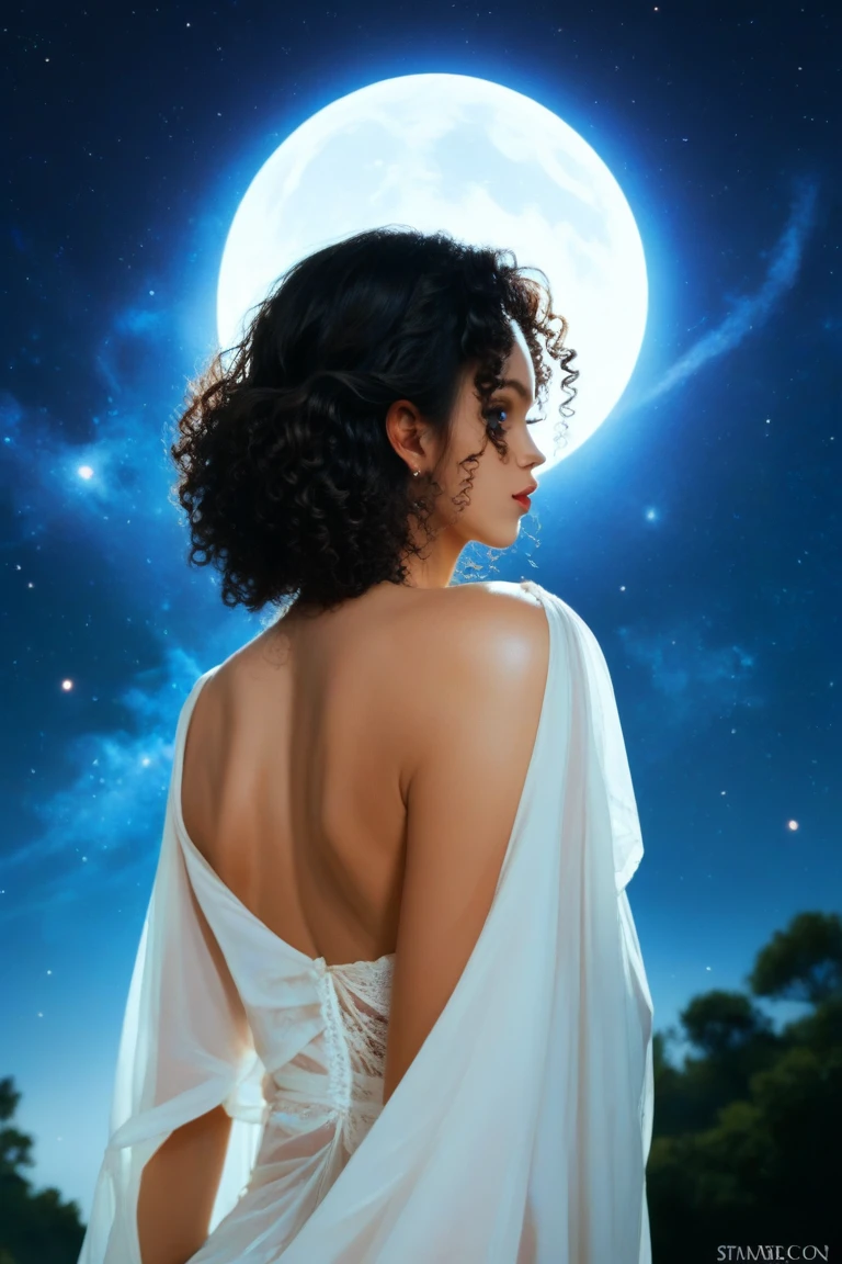  A woman ,  curly black hair , From the back facing the moon, A starry night 