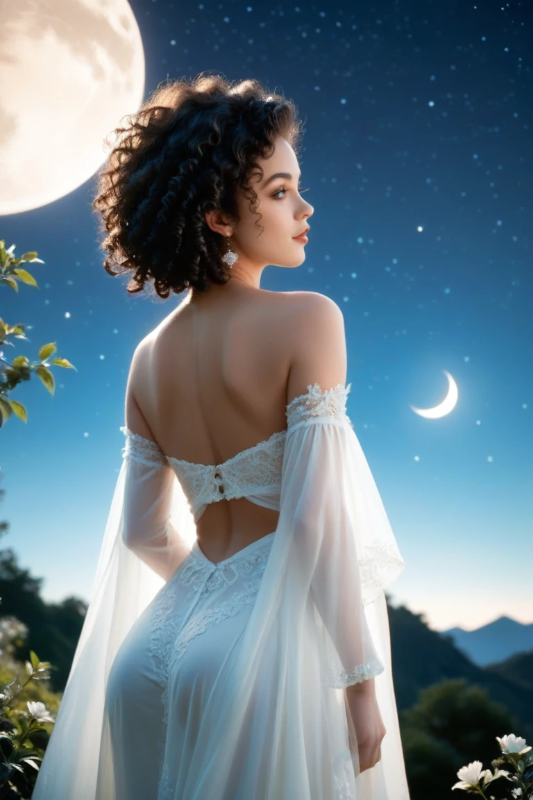  A woman ,  curly black hair , From the back facing the moon, A starry night 