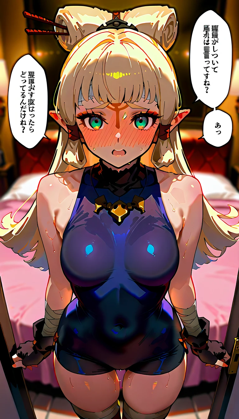 masterpiece, beautiful woman, adult female, cute, score_9, score_8_up , score_7_up , , rating_ general , 1girl ,  1girl , bandages, blonde hair, blush, breasts, cowboy shot, fingerless gloves, full body, looking at viewer, necklace, open mouth, paya  \( Zelda\), sheikah, solo focus, sweat, source_anime, cowboy shot, full portrait, hair between eyes, (slim, slender body, tight waist, toned body), (indoor, Love Hotel , bed, dim), (full-face blush、speech bible:1.2), (lovely face, ecstacy, sweaty, be nervous, full blush), lovely hearts:1.4, throw, Sound effects:1.3, looking at viewer