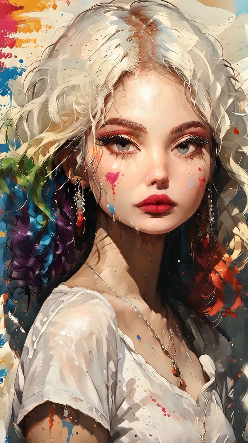 （Pink Fashion T-shirt：1.9），(Colorful hair: 1.8), (all the colours of the rainbow: 1.8),(((((vertical painting：1.6))), （painting：1.6），front, comics, illustrations, paintings, large eyes, crystal clear eyes,（ rainbow color gradient high ponytail：1.7）, exquisite makeup, closed mouth,(Small Fresh: 1.5),(Wipe Chest: 1.6) ，long eyelashes, white off shoulder T-shirt,  White Shoulder Shirt，looking at the audience, large watery eyes, (rainbow colored hair：1.6), color splash, （solo：1.8）, color splash, color explosion, thick paint style, messy lines, ((shining))，(colorful), (colorful), (colorful), colorful, Thick Paint Style, (Splash) (Color Splash), Vertical Painting, Upper Body, Paint Splash, Acrylic Pigment, Gradient, Paint, Highest Image Quality, Highest Quality, Masterpiece, Solo, Depth of Field, Face Paint,  colorful clothes, (Elegant: 1.2), gorgeous,long hair, wind, (Elegant: 1.3), (Petals: 1.4)，(((masterpiece))),(((best quality))),((ultra-detailed)),(illustration),(dynamic angle),((floating)),(paint),((disheveled hair)),(solo),(1girl) , (((detailed anima face))),((beautiful detailed face)),collar,bare shoulders,white hair, ((colorful hair)),((streaked hair)),beautiful detailed eyes,(Gradient color eyes),(((colorful eyes))),(((colorful background))),(((high saturation))),(((surrounded by colorful splashes))), 


