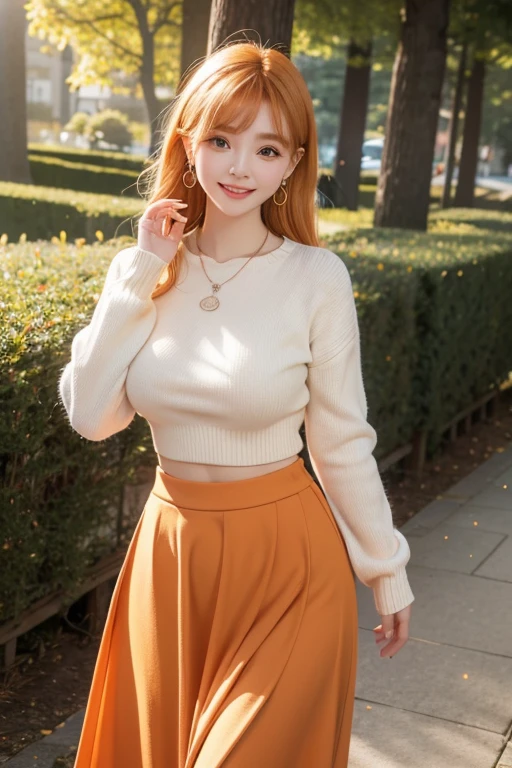  cute woman like an idol,Big Breasts,  orange hair,whole body, are sticking out your belly button, Long Skirt,winter,I'm wearing a knit,smile, bridge,forest,上winterの服装, Long Sleeve ,Blonde, laughing, don't reveal your skin,Around town, HIDDEN HIGHLIGHTS , bright daytime ,  I'm wearing cute earrings,I'm wearing a necklace , perfect style, 18 years old, Rounded outline, Round face,  realistic image,  big eyes , REAL DETAILS  ,  long eyelashes , smile,I'm wearing a detailed , Mr.々A pose, Realistic hair, Slim figure