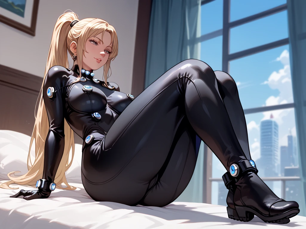                                                
                                   
 GANTZ full body suit                       　            　 bed　                                　　　　　　　　　　      invited position 　 sexy　 showing private parts 　 open thighs　 　　　M-shaped legs　                      
   ecstatic expression　
Kaori Saeki　No hat　　　　　　                        
 long hair,  ponytail from below the surface, Blonde, 