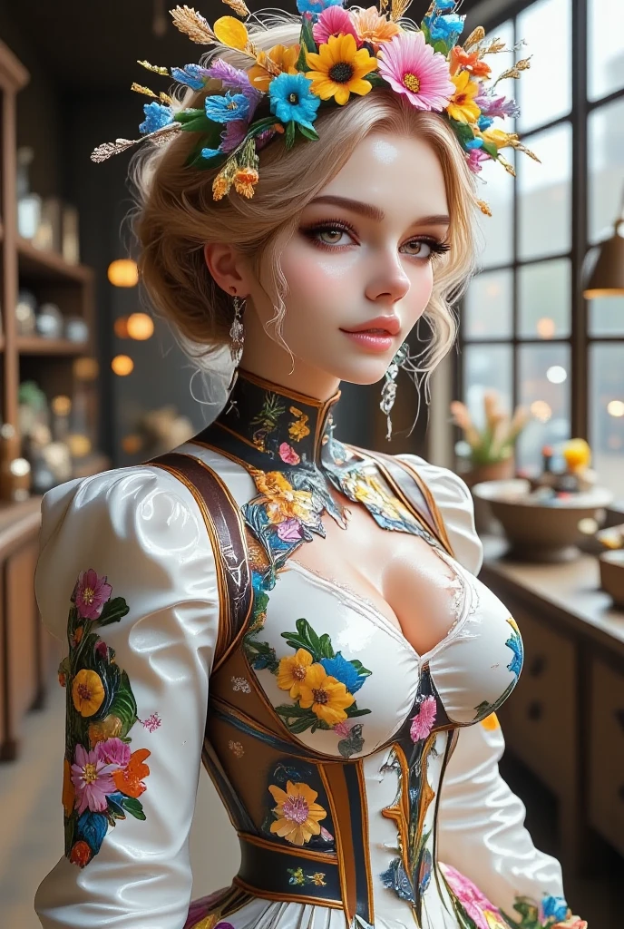  photorealistic image, (ukrainian symbol )  ukrainian woman with very long blond curly hair braided in a braid, wreath on the head of wildflowers .  Small chest !!!,  ethnic cotton dress with cross stitch. in a rustic retro yard . full height. 