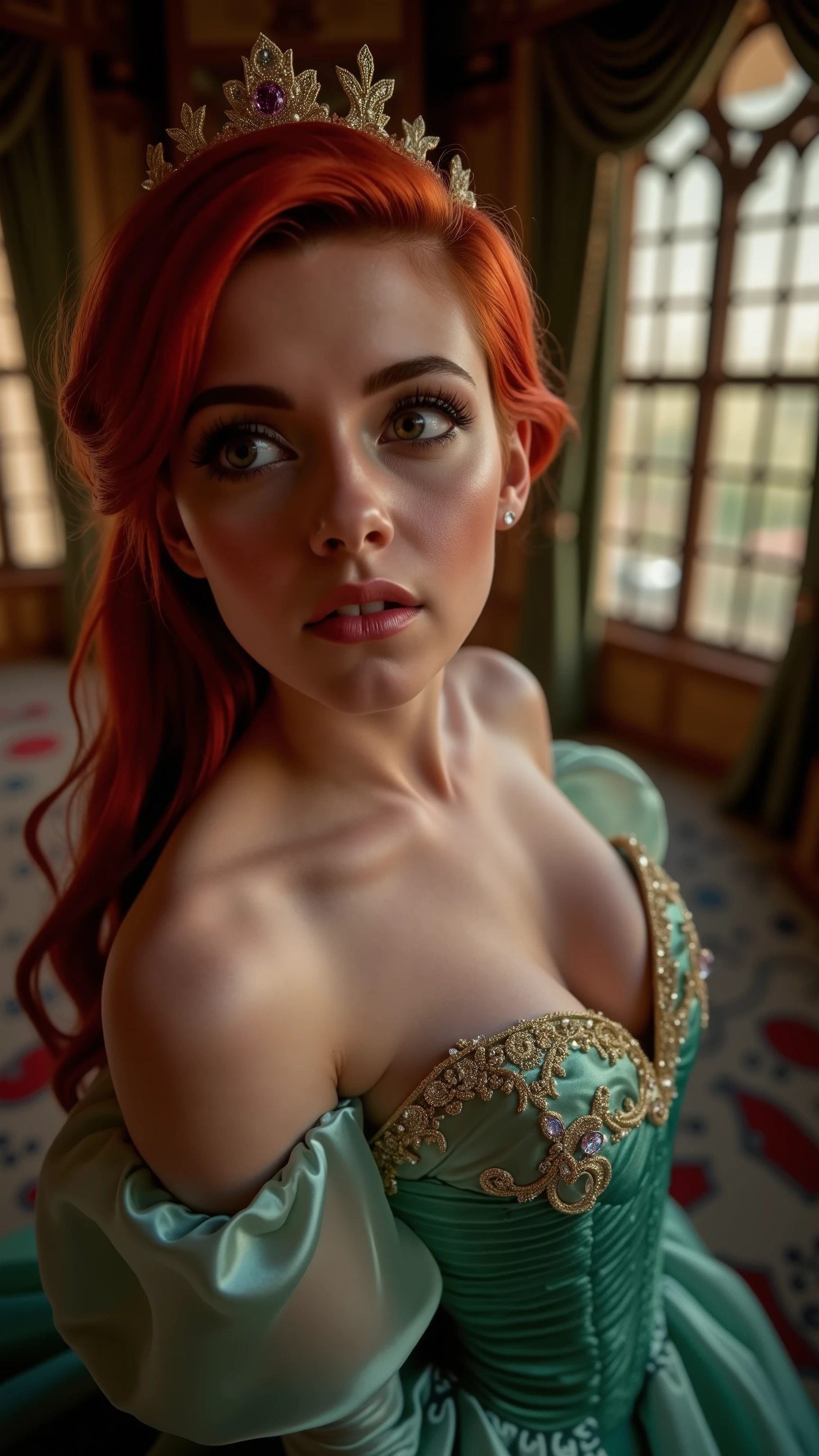 Very Close-up high angle fish eye portrait of a demure figure, wide eyed, shocked expression, a very busty  pulling her bodice down, (((pulling her bodice open))), unlacing her bodice, in a ariel costume, ornate ball gown, ((18 years old with huge breasts; her bodice is untied and loose exposing her cleavage, Disney princess Ariel costume; glued to the body; beautiful and elegant; tiny breasts; red hair swept to the side))) and piercing gaze, standing in a dimly lit palace room with ornate designs and a high ceiling, with just a hint of early morning sunlight peeking through the windows. The lighting in the room is dim with a lot focus on her huge breasts