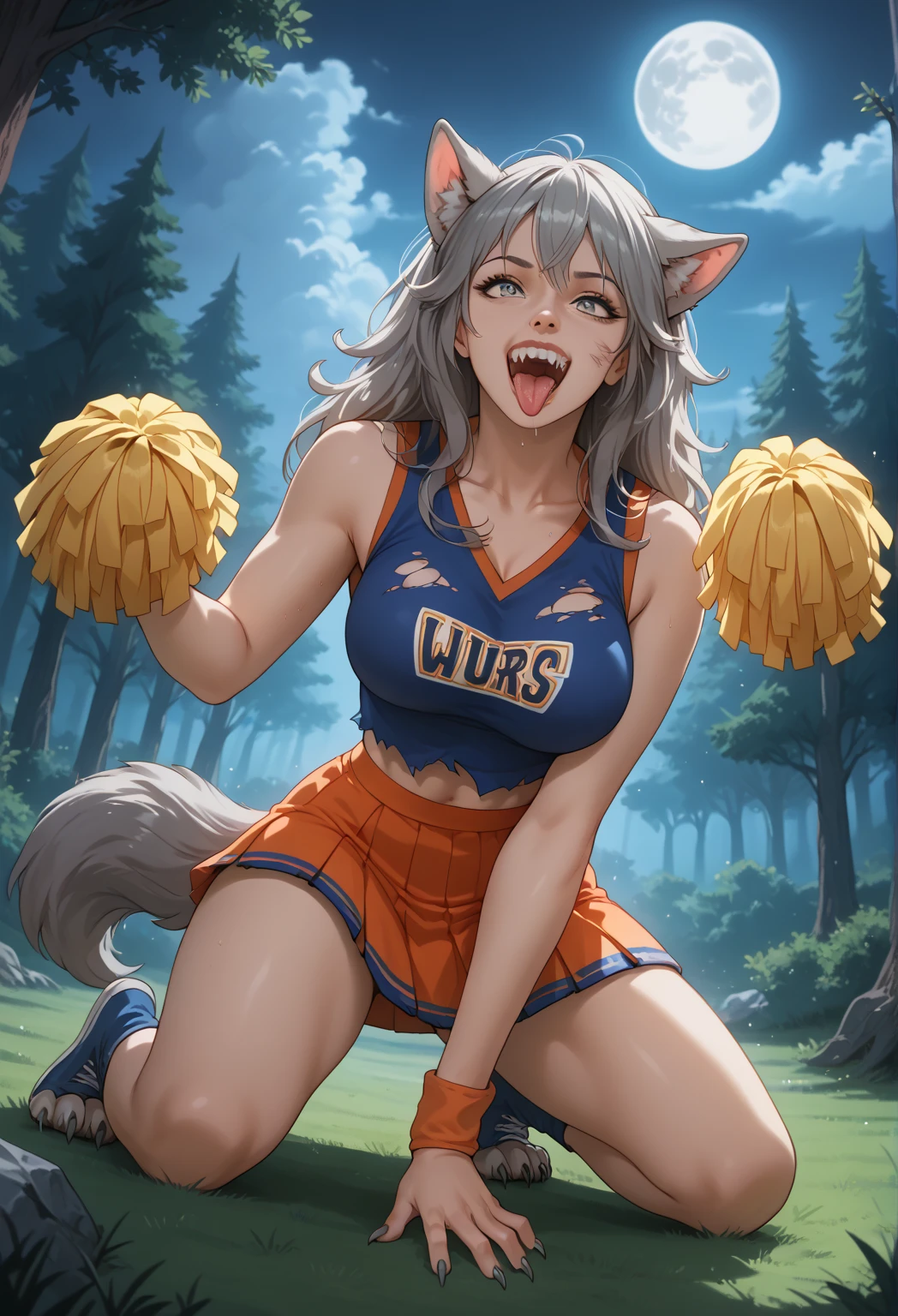 1girl, solo, (transformation:1.5), a sexy cheerleader being transformed into a werewolf. Her torso is dividing into two distinctly different looking werewolves, one dark and one light, representing different sides of her personality. Wolf ears, wolf tail, wolf paws, wolf claws, wolf fur, wolf teeth, wolf tongue, wolf nose, wolf mascot on her uniform, on her knees, ripped clothing, at midnight, under the moonlight, full moon, moonlit forest clearing background, large breasts, howling up at the moon, face pushing outward into a wolf muzzle, 1girl, solo