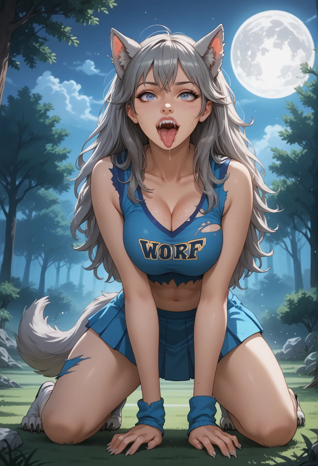 1girl, solo, (transformation:1.5), a sexy cheerleader being transformed into a werewolf. Her torso is dividing into two distinctly different looking werewolves, one dark and one light, representing different sides of her personality. Wolf ears, wolf tail, wolf paws, wolf claws, wolf fur, wolf teeth, wolf tongue, wolf nose, wolf mascot on her uniform, on her knees, ripped clothing, at midnight, under the moonlight, full moon, moonlit forest clearing background, large breasts, howling up at the moon, face pushing outward into a wolf muzzle, 1girl, solo