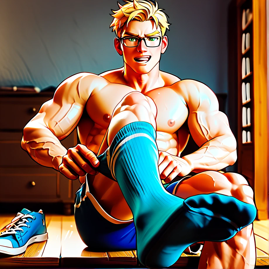 PonyXLV6_Scores,  handsome muscular shirtless  blonde haired man with green eyes and wearing glasses ,  looking at the viewer, struggling  expression, grunting, wearing blue shorts, adjusting legwear, putting on on a blue wool socks , sitting,foot focus, in a room with wooden polished furniture 