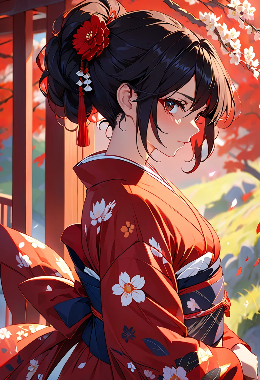  beautiful, Masterpiece,  best quality ,  Extremely Detailed Face ,   perfect lighting,  from the side 1 girl , Alone,  Matoi Ryuko ,   kimono,  kimono, short  kimono,   cowboy shooting