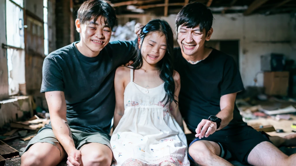 (A young Asian sister is crying as she takes a family photo with her young daughter while having sex with a man in an abandoned building), (Crying woman),1 girl and 2guys sex, missionary sex, POV, 18 years old, full body, penis, front view , spread legs, missionary position, tattered dress, , short twintails, spread legs,pussy juice:1.6