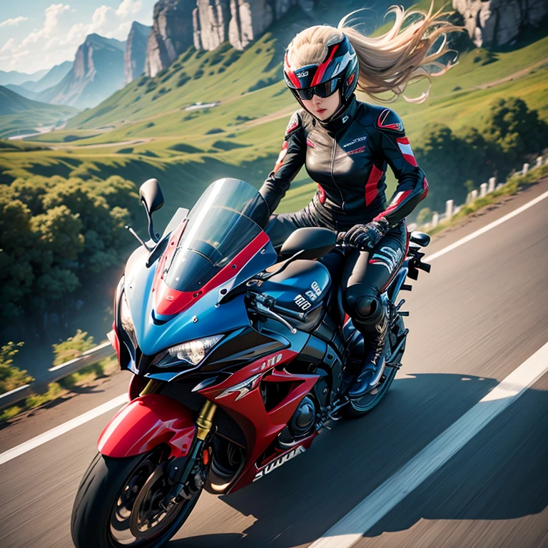 A woman rides a SUZUKI GSX1300R 「Falcon」A female robot that rides and runs through mountain passes、 Sexy Body、Woman riding a 、Hang _on 、