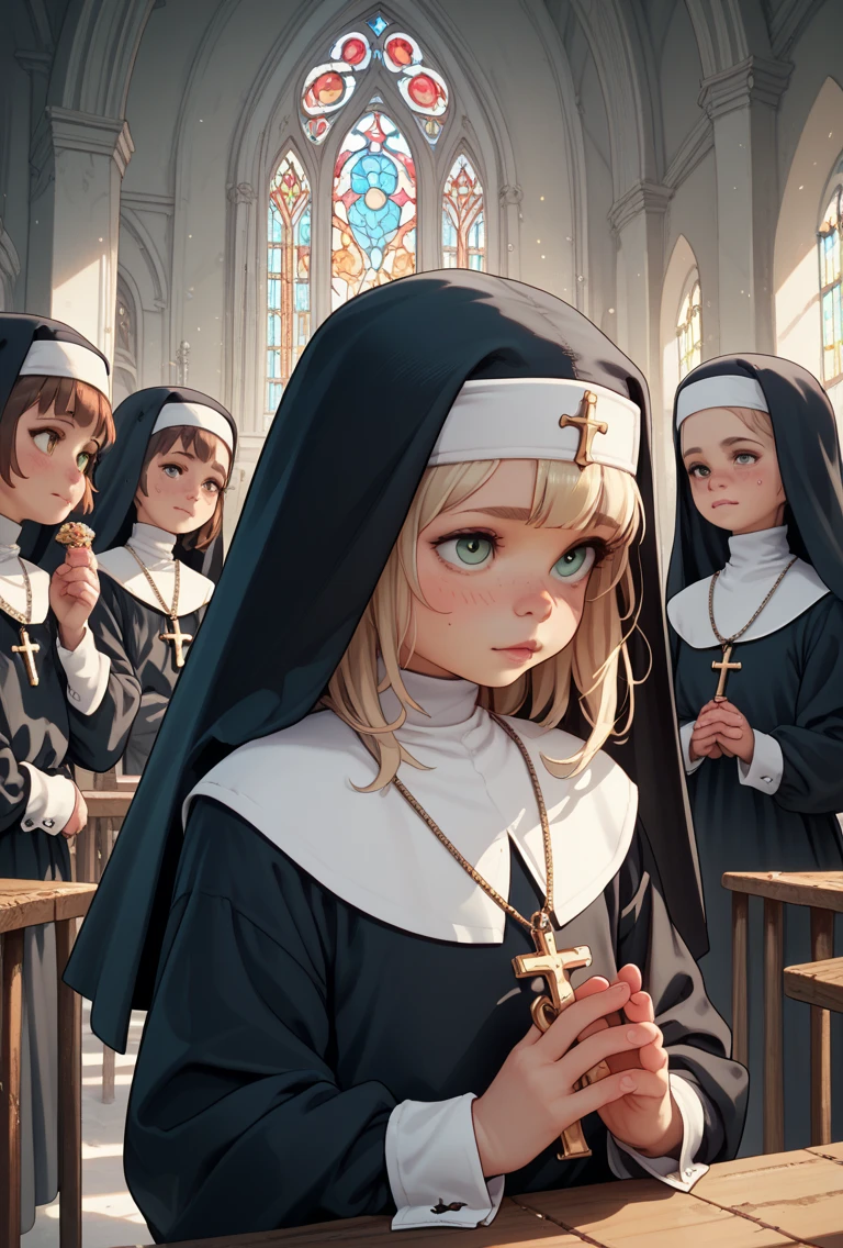 Um meio corpo, Portrait of 3 girls German children long blonde hair of 12 years, jaquetas couro vermelhas, holding in his hands a cross, fundo de atuals, atual, mais atuals , muitas atuals, , vermelhas, fogo vermelho, muitas chamas de fundo, LASER PRETO PRETO.