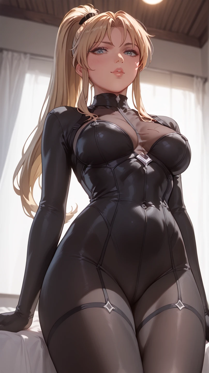                                                
                                   
 black body suit                       　            　 bed　                                　　　　　　　　　　      invited position 　 sexy　 showing private parts 　 open thighs　 　　　M-shaped legs　                      
   ecstatic expression　
Kaori Saeki　No hat　　　　　　                        
 long hair,  ponytail from below the surface, Blonde, 