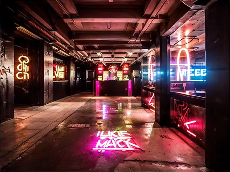 underground club, handrail, ((The entrance has a neon sign that says: "Black market")), shade contrast,(club entrance:1.4),stairs, graffiti, outdoors, scenery, underground night club,(club door:1.4),best quality, masterpiece, movie-level quality, street, stairs,