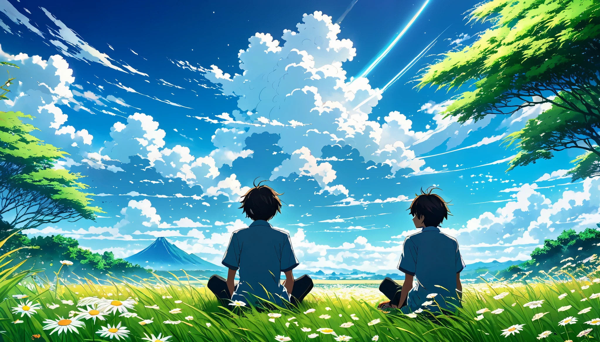 Anime landscape of a boy sitting on a field with tall grass and daisy flowers looking at an empty space with white clouds, colorful anime scene , A beautiful scene of peace from anime ., makoto shinkai cyril rolando, A beautiful anime scene , an incredible wallpaper , an anime art wallpaper 8k, anime background, Anime art background , Anime Wallpaper 4k, anime art 4k wallpaper , anime art 4k wallpaper ,