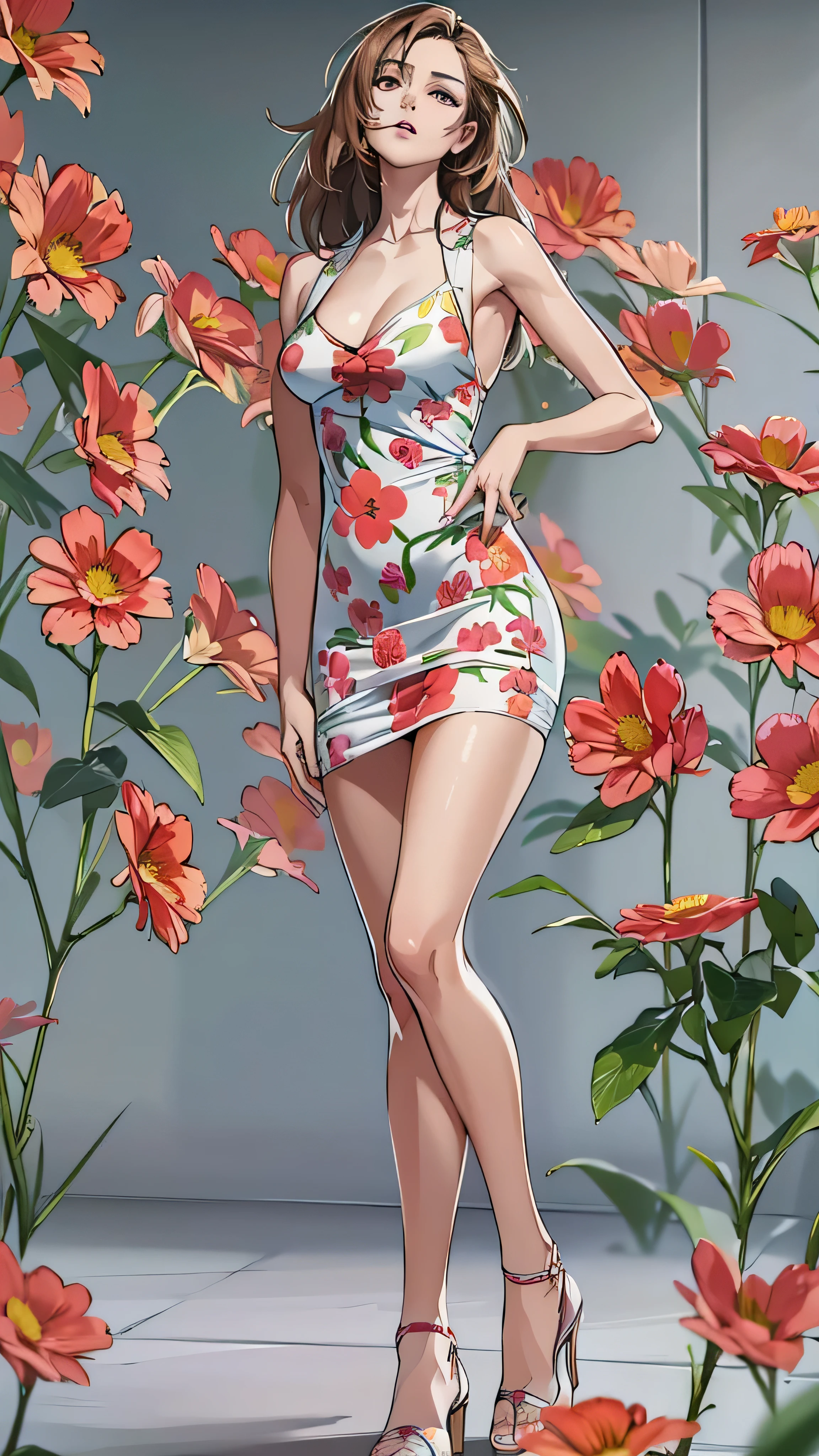 ( best quality , ultra detail , realistic:1.37), portrait, attractive women,flower, tight dress, random dress color, Passionate look,Big butt, bright color, Soft Writing , is standing, full body view, extreme is tall, long legs , very is tall, is tall,