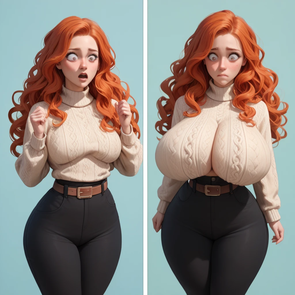 score_9, score_8_up, score_7_up, (best quality), (masterpiece), 1 girl, huge heavy breasts, thick, wide hips, thin waist, long hair, red hair, wavy hair, ginger, breast expansion, multiple views, beige sweater, brown belt, black pants, closed mouth, surprised, embarrassed