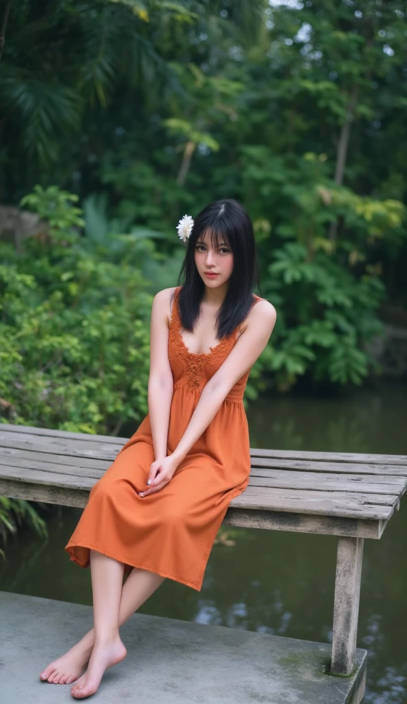 When I got home outside, ... 😘
 I woke up early, secretly put on my mother's bag and sat by the water....😂😁😂
 my wife wondered if I liked the bags. ...😁
Thai Concept Song ...
 Thank you Lora from you AI-Sard  
# This picture is Ai, not a real picture.
Thai woman wearing a simple orange “bag cloth” (Songthai )  seated gracefully on a rustic wooden bridge over a serene stream. Thaisarong was humbly wrapped by a gesture conveying a sense of contemplation and elegance. The outfit was complemented by white flowers tucked behind her ears. Her hair was moisturized. Slightly humid, adding a natural and relaxing feel to the scene, the outdoor setting with a wooden bridge extending through the stagnant water, surrounded by soft green and a hazy atmosphere in the background. Soft, diffused natural light creates a gentle and dreamy atmosphere, with delicate highlights on the theme and the minimalistic bridge. And there is art. Emphasizes natural beauty and connection with Harmonious environment, calm and reliable, makes you feel calm and secluded in nature. Wooden bridge, light focus, enhances mood.