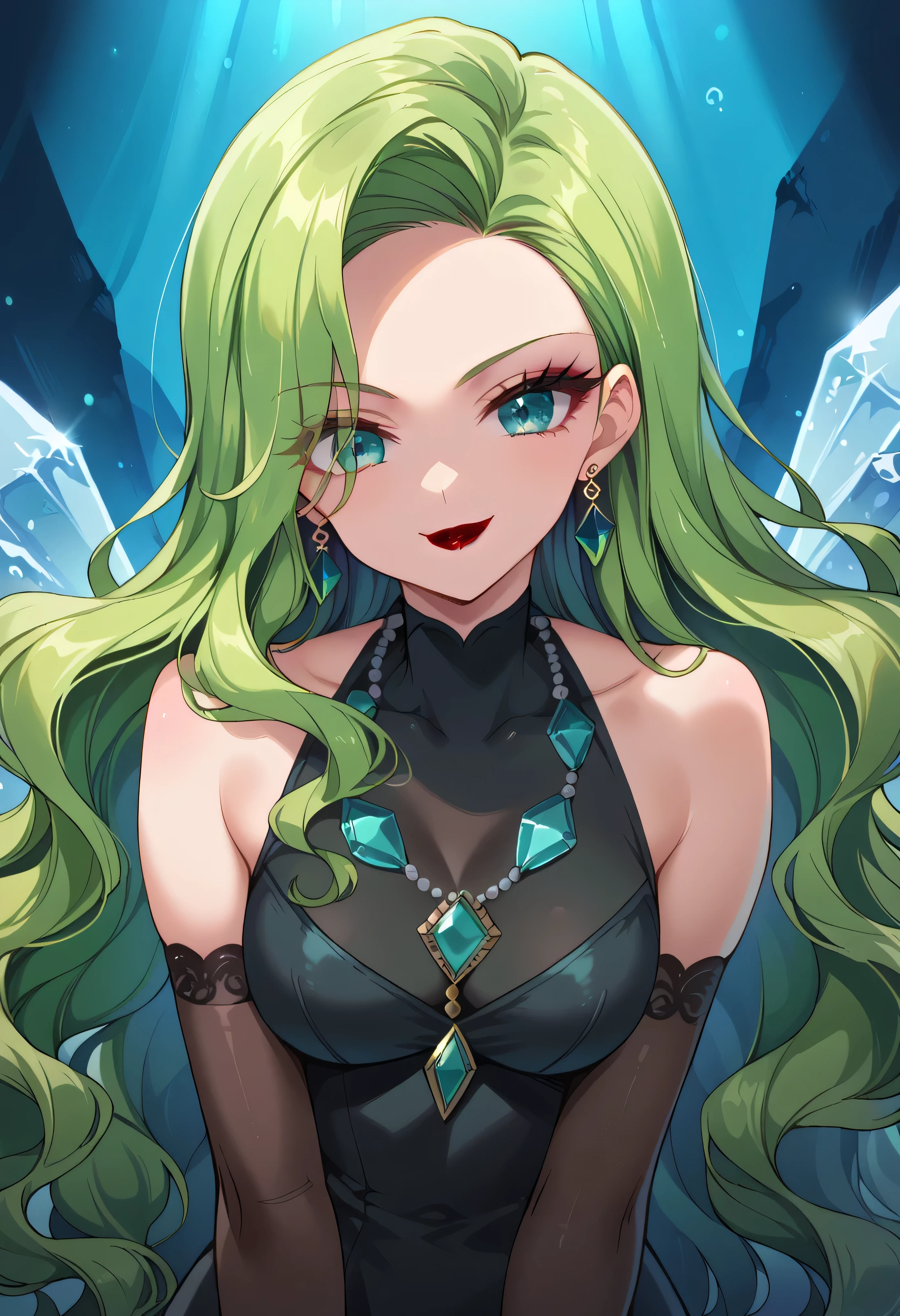 1 girl, cute face, green hair, very long hair, wavy hair, alone, gloves, red lipstick, makeup, elbow-length gloves, eye shadow, bare shoulders, black dress, gem necklace, crystal earrings, mist background,smirk,Shaded face(eyes in shadow)