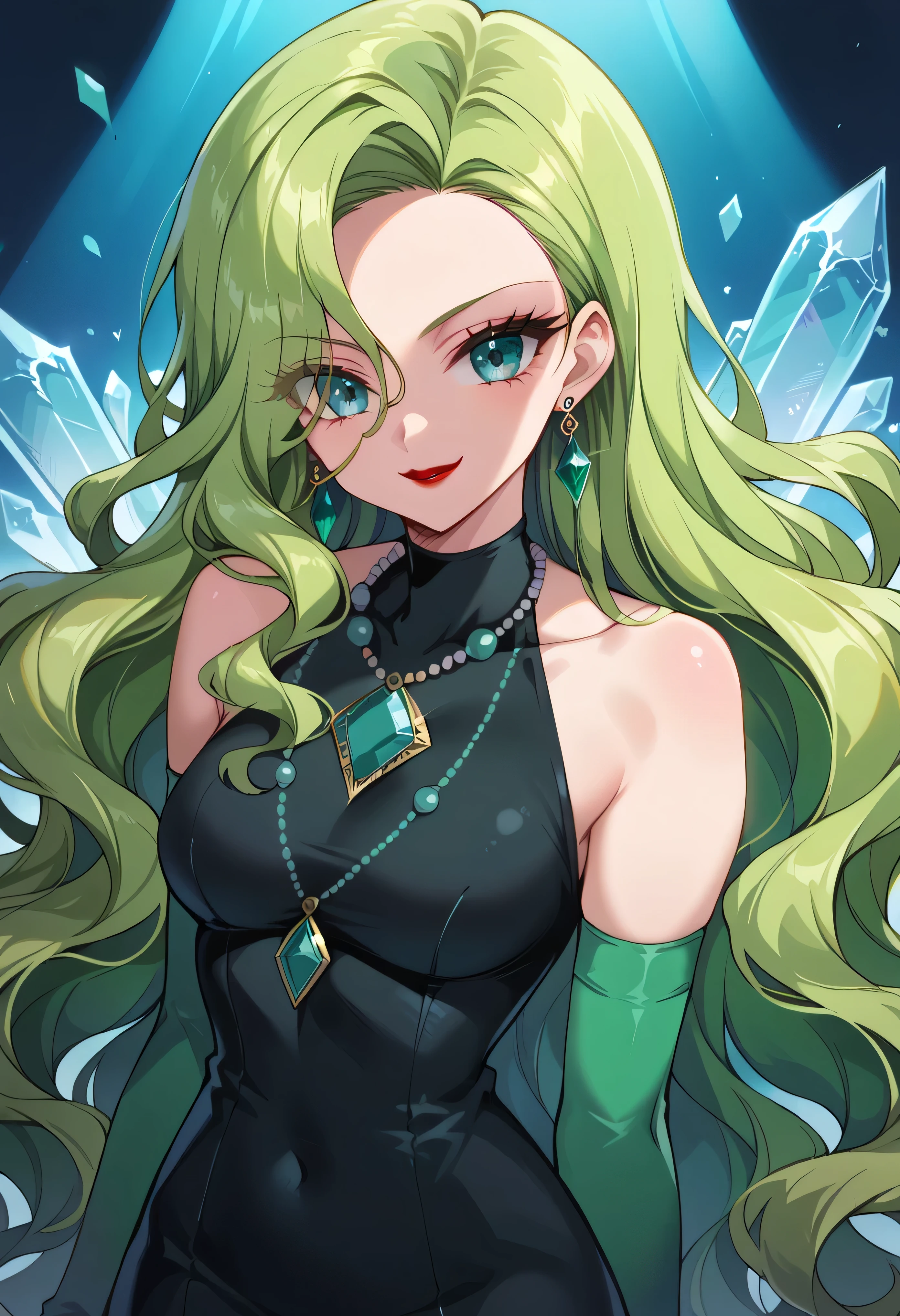 1 girl, cute face, green hair, very long hair, wavy hair, alone, gloves, red lipstick, makeup, elbow-length gloves, eye shadow, bare shoulders, black dress, gem necklace, crystal earrings, mist background,smirk,Shaded face(eyes in shadow)