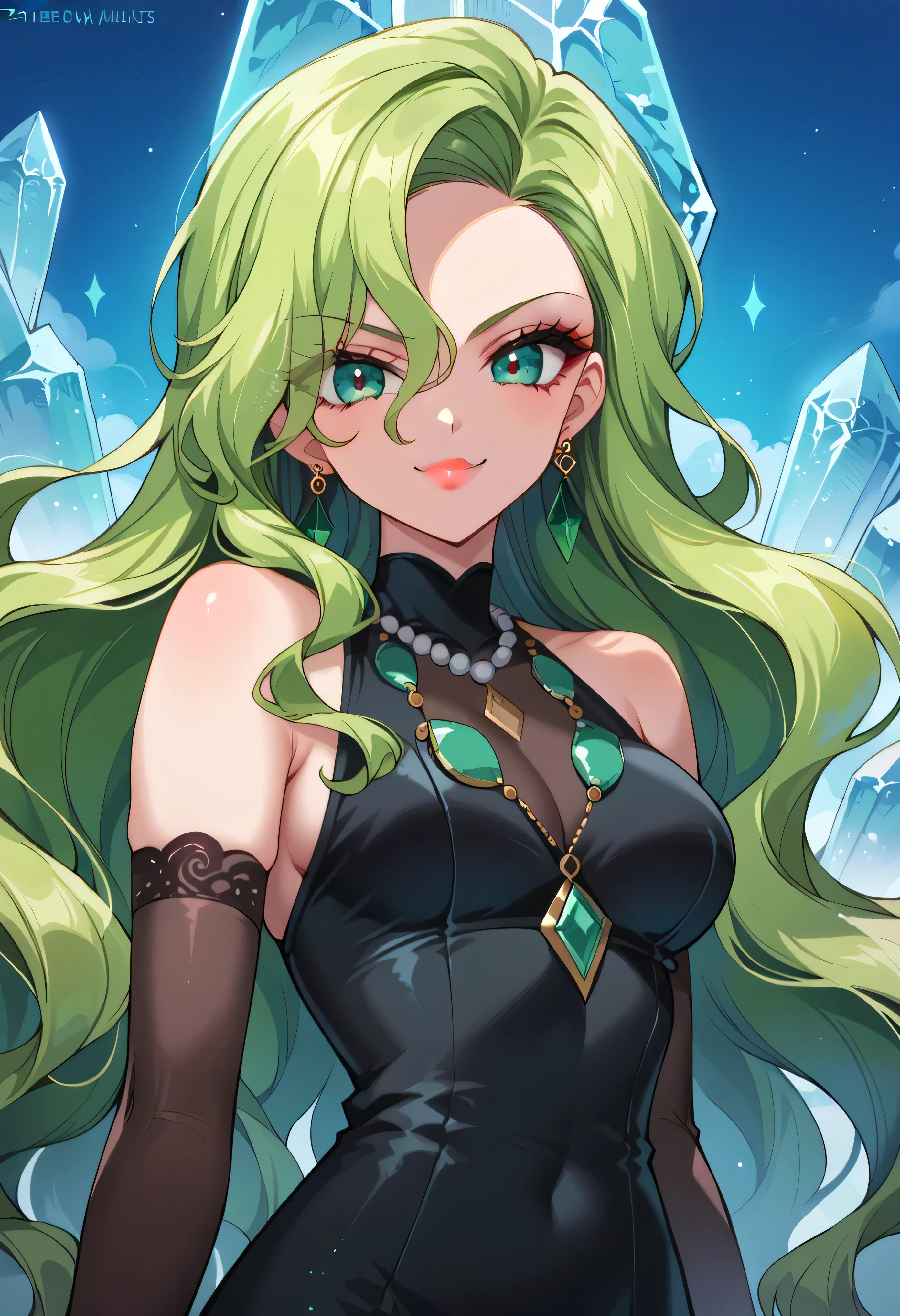 1 girl, cute face, green hair, very long hair, wavy hair, alone, gloves, red lipstick, makeup, elbow-length gloves, eye shadow, bare shoulders, black dress, gem necklace, crystal earrings, mist background,evil smirk,Shaded face(eyes in shadow)