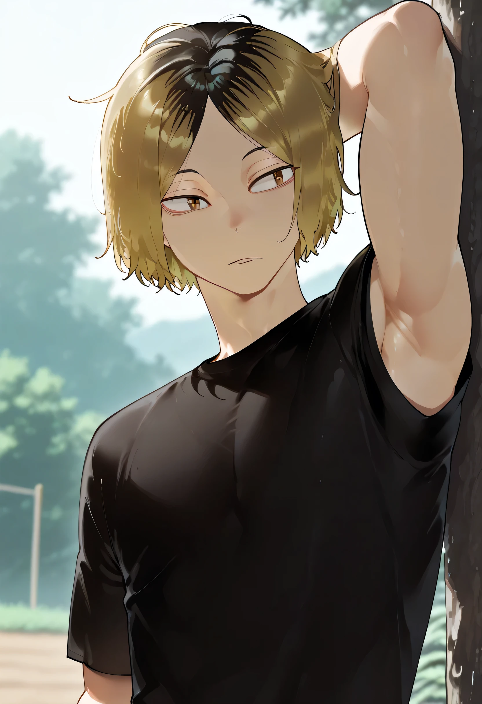 masterpiece, best quality, kenma, 1boy, male focus, solo, brown eyes, short hair, multicolored hair, two-tone hair, roots (hair), blonde hair, black hair, parted bangs, outdoor, black t-shirt, show armpit