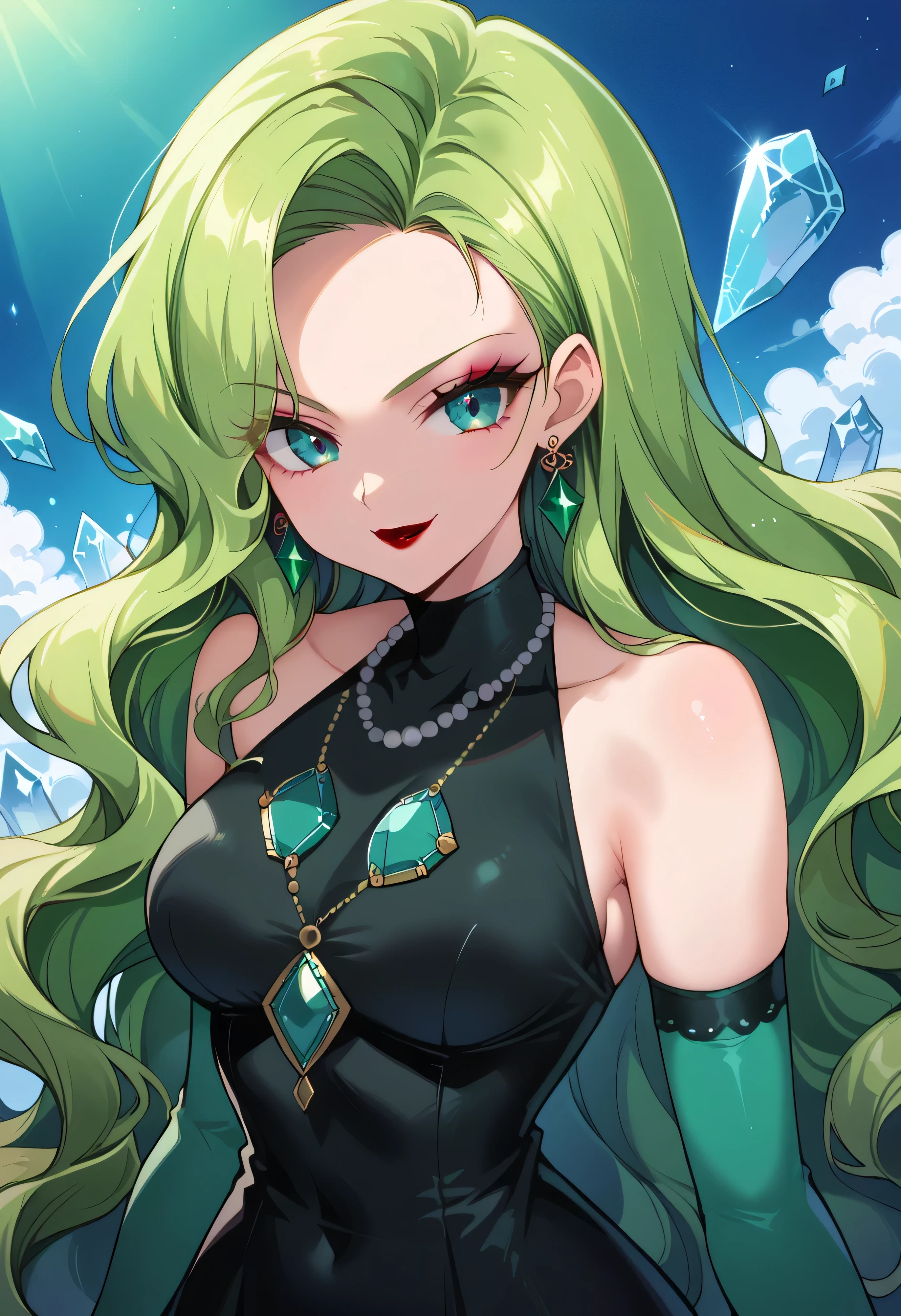 1 girl, cute face, green hair, very long hair, wavy hair, alone, gloves, red lipstick, makeup, elbow-length gloves, eye shadow, bare shoulders, black dress, gem necklace, crystal earrings, mist background,evil smirk,Shaded face(eyes in shadow)