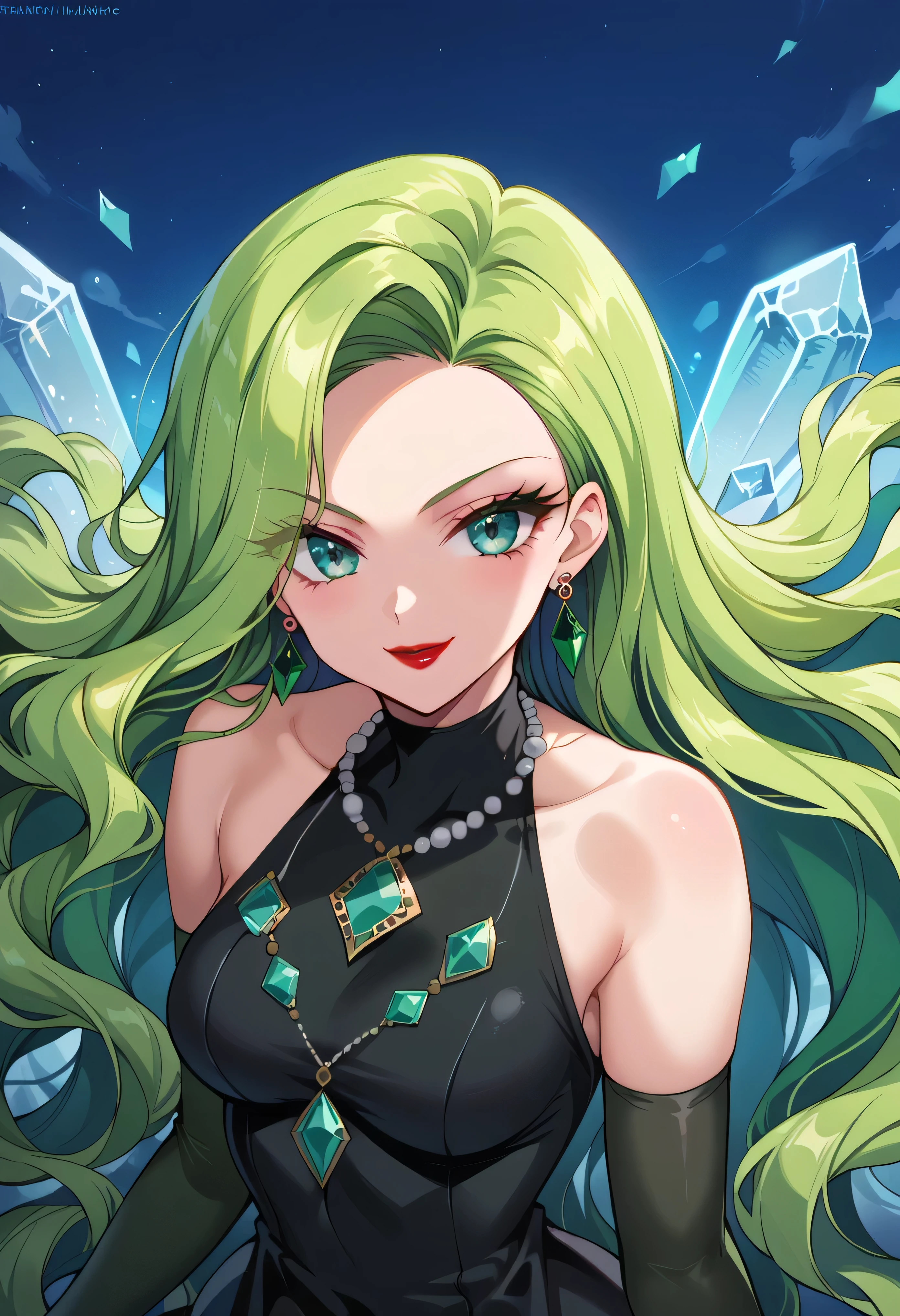 1 girl, cute face, green hair, very long hair, wavy hair, alone, gloves, red lipstick, makeup, elbow-length gloves, eye shadow, bare shoulders, black dress, gem necklace, crystal earrings, mist background,evil smirk,Shaded face(eyes in shadow)