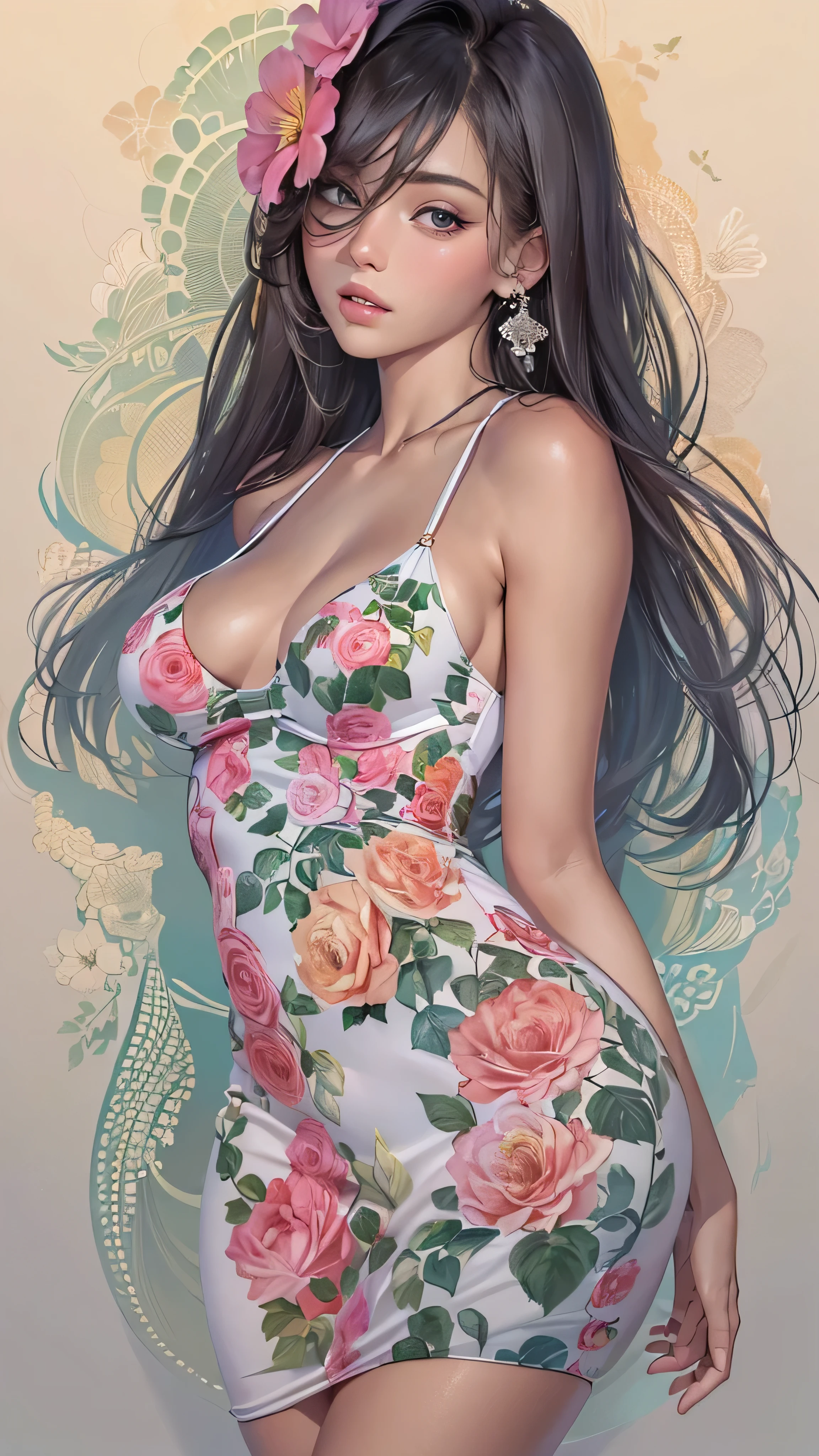 ( best quality ,  ultra detail ,  realistic:1.37), portrait, attractive women,flower, tight dress, random dress color, Passionate look,Big butt, bright color, Soft Writing ,  is standing,  full body view, extreme  is tall,  long legs , very  is tall,  is tall, 