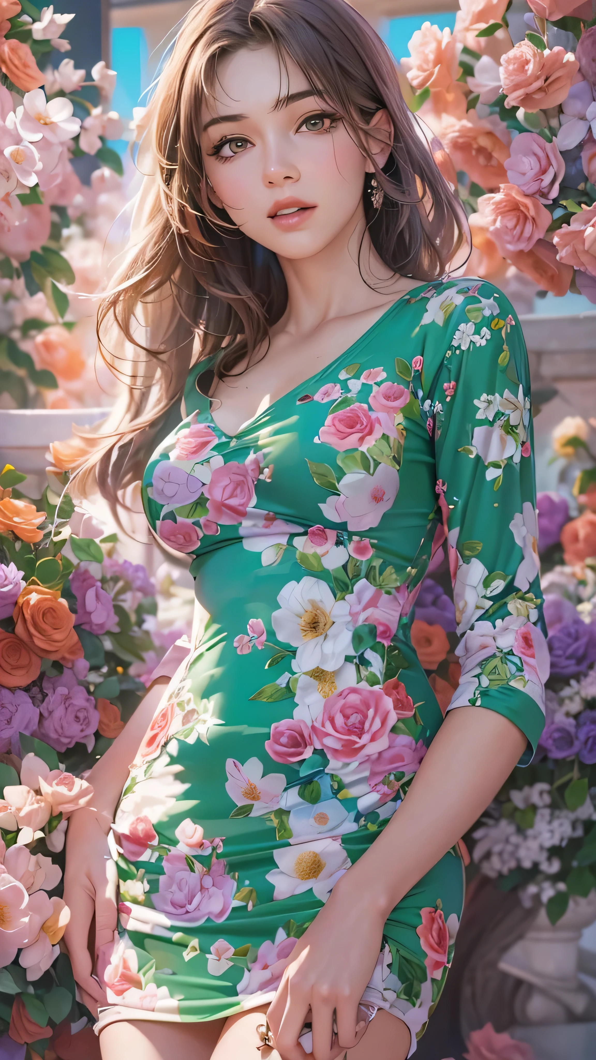 ( best quality ,  ultra detail ,  realistic:1.37), portrait, attractive women,flower, tight dress, random dress color, Passionate look,Big butt, bright color, Soft Writing ,  is standing,  full body view, extreme  is tall,  long legs , very  is tall,  is tall, 