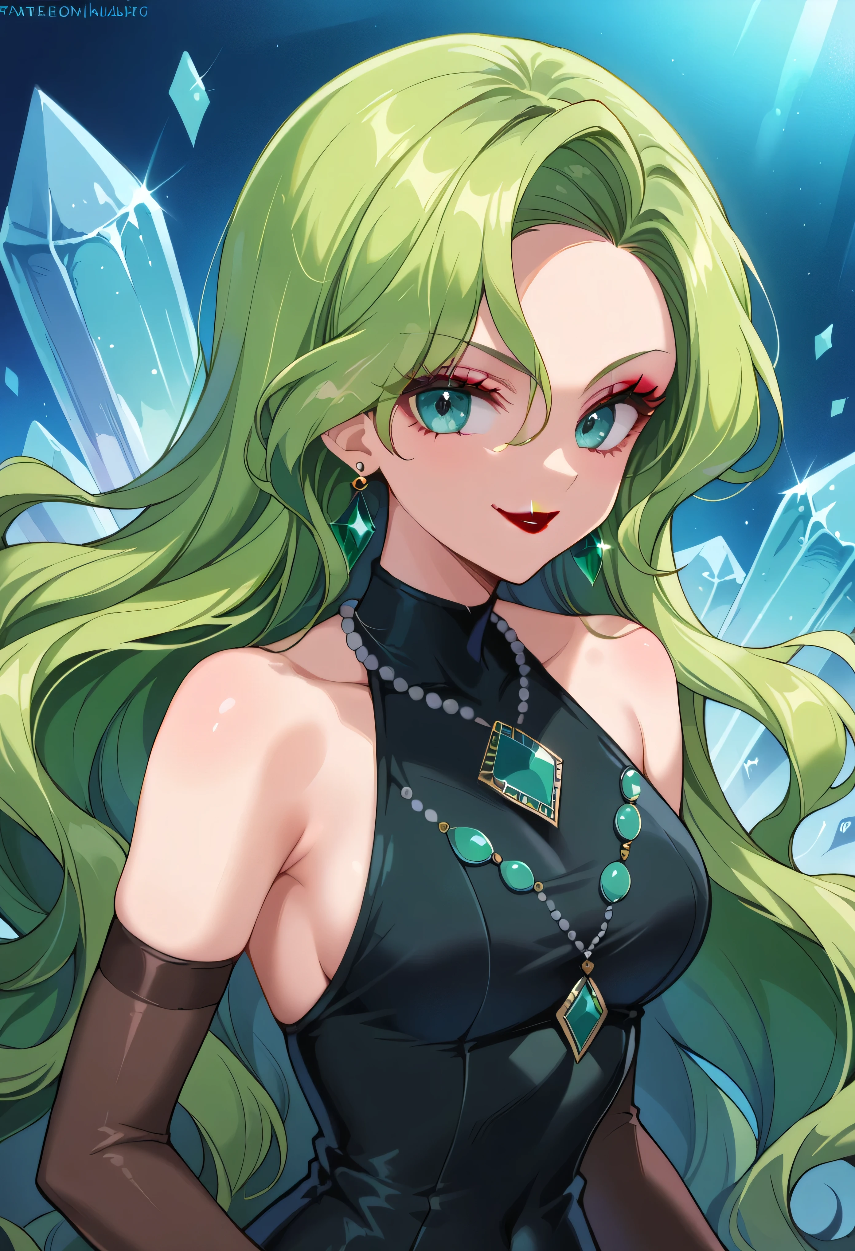 1 girl, cute face, green hair, very long hair, wavy hair, alone, gloves, red lipstick, makeup, elbow-length gloves, eye shadow, bare shoulders, black dress, gem necklace, crystal earrings, mist background,evil smirk,Shaded face(eyes in shadow)