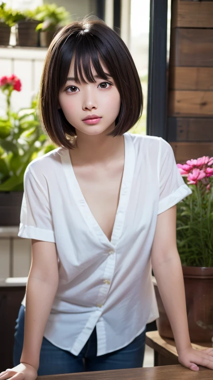(Shirame:1.5), thin, table top, top quality, RAW photo, realistic, face, incredibly absurd, beautiful girl, cute,messy short hair, Depth of the bounds written, High resolution, Super detailed, small details, very detailed, very detailed eyes and face, sharp pupils, real students, sharp focus, cinematic lighting, uniform, Sit straight with your knees bent, white pants visible from the skirt, No bra, loose and large shirt, nipple bumps, female , my shirt is wet, exposed shirt、I can see your sexy collarbone, not wearing anything under the shirt, bust, squat, angle from below, spread legs, Knees and knees apart, Spread your fingers on the bed、 , fascinating look, pinch your feet with your hands, Blushing squatting pee,