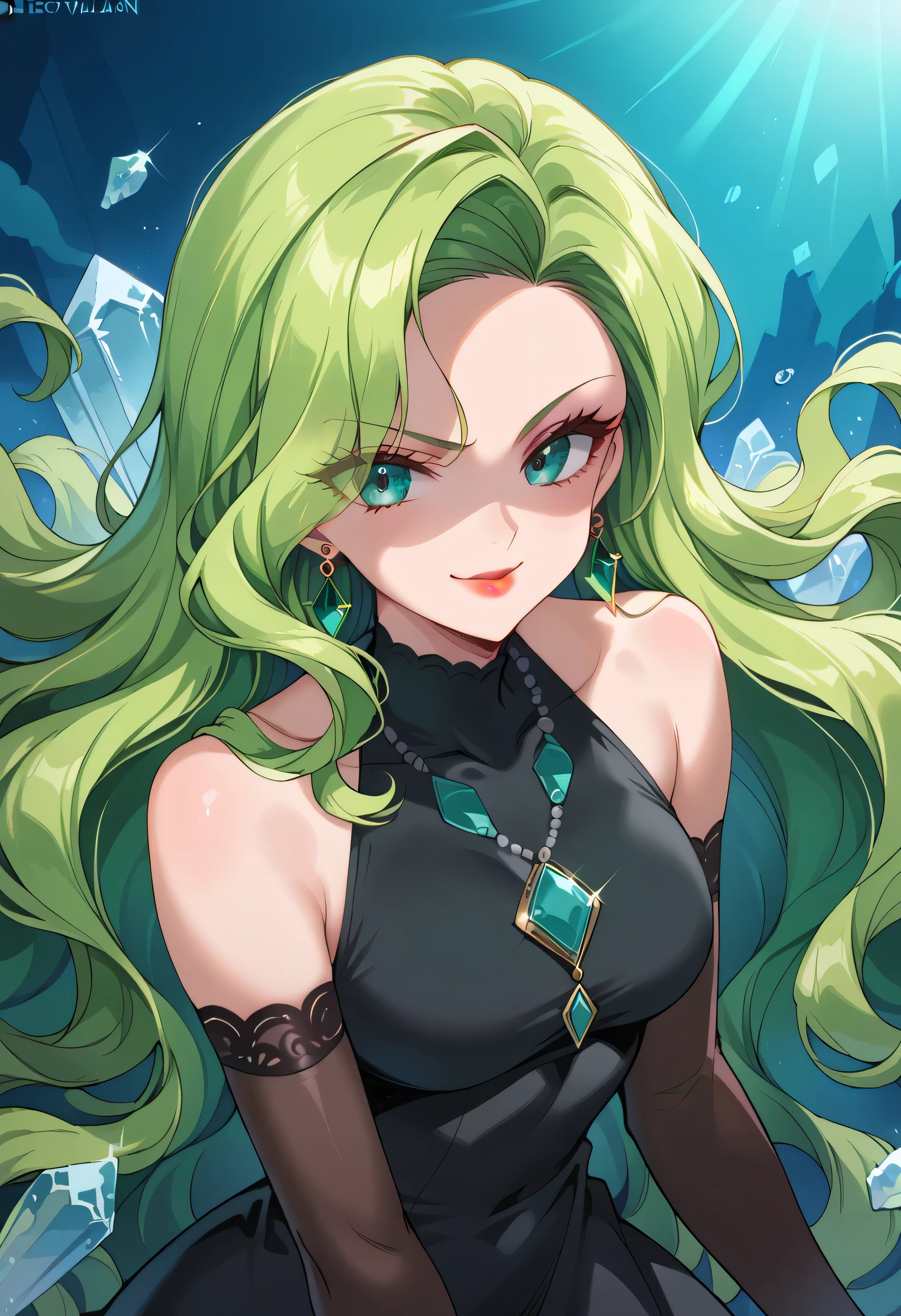 1 girl, cute face, green hair, very long hair, wavy hair, alone, gloves, red lipstick, makeup, elbow-length gloves, eye shadow, bare shoulders, black dress, gem necklace, crystal earrings, mist background,evil smirk,Shaded face(eyes in shadow),villan pose