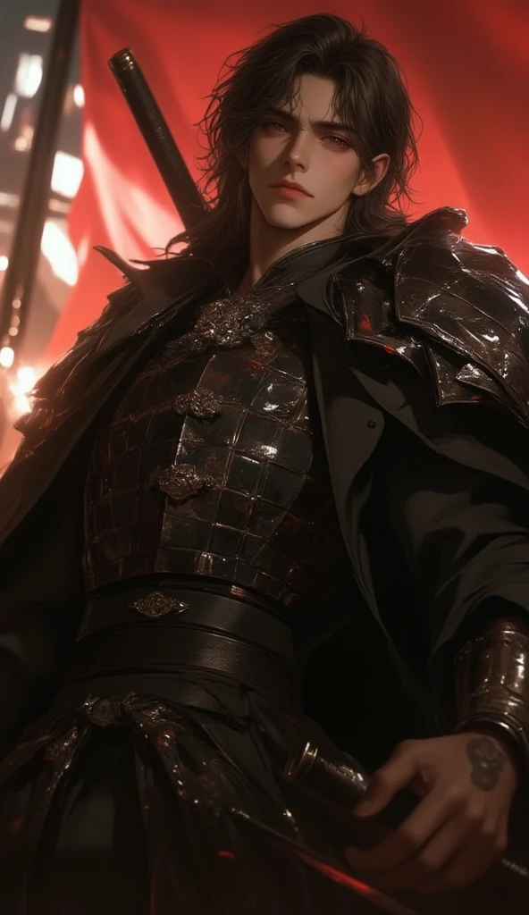 A white-skinned prince, Medium length black hair with red tips. Blue eyes, pink lips and a dragon behind him. He will have a warrior&#39;s outfit and on the chest of his outfit there will be the logo of a dragon head and an American national wing. 