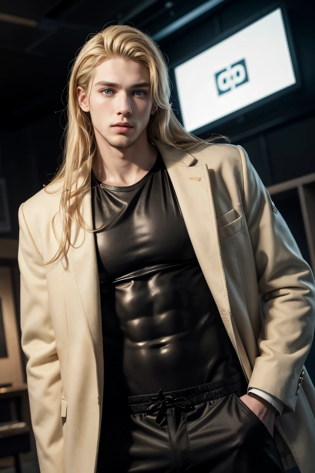 1man, male, man, realistic photo of young adorable handsome vampire Alucard with long blonde hair and glowing amber gold golden eyes, wearing sheer mesh sleeveless tank top and miniskirt, man Alucard wearing miniskirt with stocking, Alucard mesh tank top and miniskirt