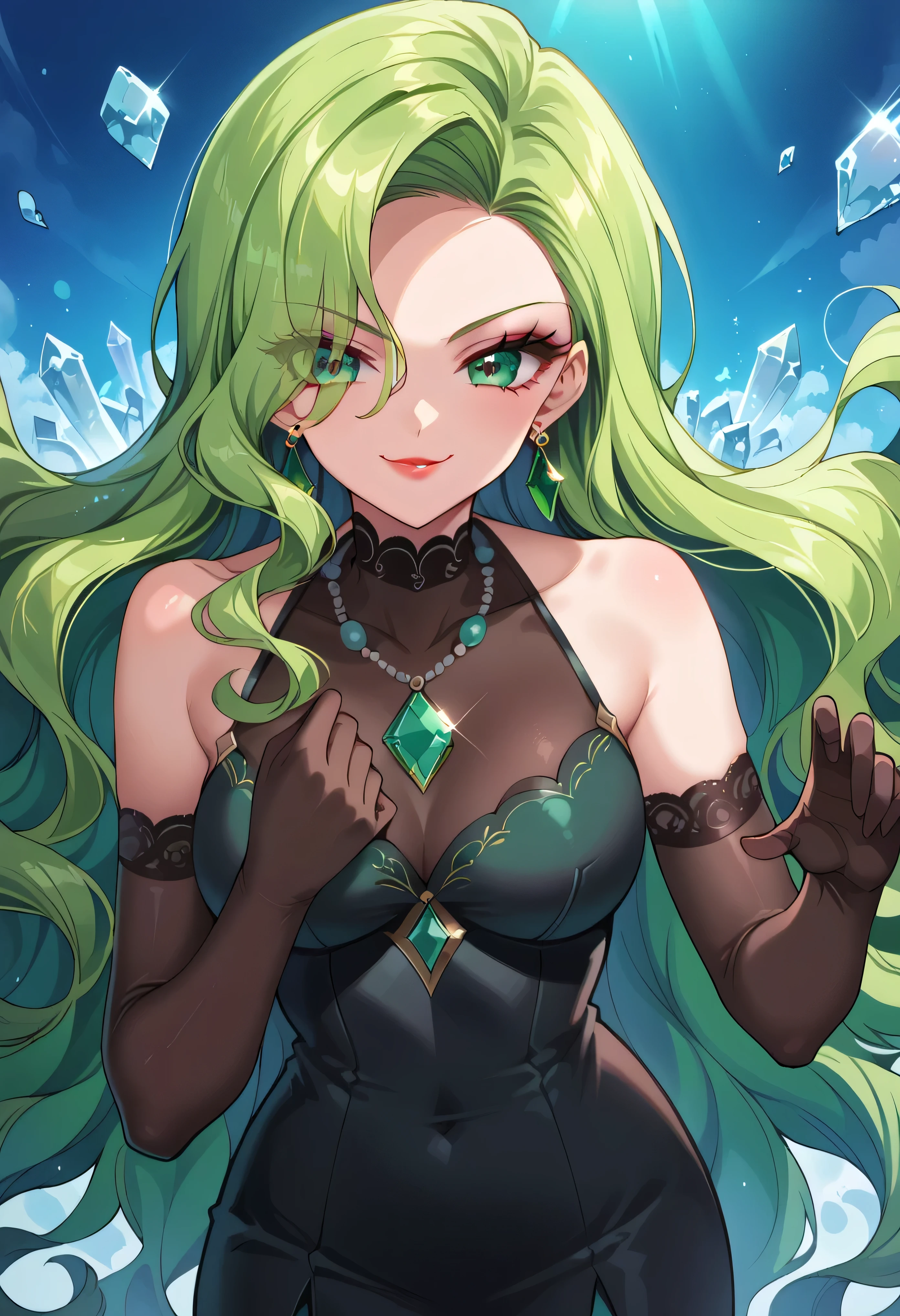 1 girl, cute face, green hair, very long hair, wavy hair, alone, gloves, red lipstick, makeup, elbow-length gloves, eye shadow, bare shoulders, black dress, gem necklace, crystal earrings, mist background,evil smirk,Shaded face(eyes in shadow),villan pose