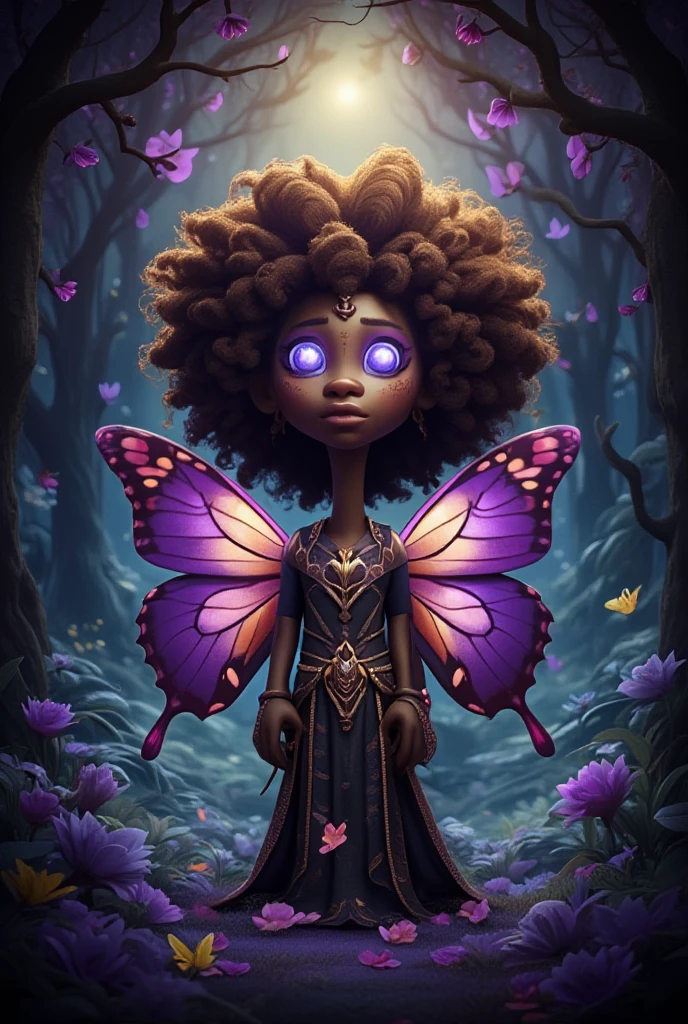 "A Fantasy design featuring the text 'Nova Meets the Butterfly' prominently displayed. The design conveys a mysterious mood, with an AI-selected color palette and typography that enhance the magical and enigmatic tone. The imagery will resonate with a ren's audience, blending whimsical and fantastical elements to spark curiosity and imagination." Nova is  African American 