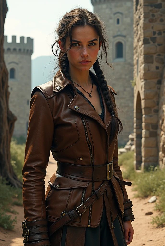 (Obra maestra, La mejor calidad) jovencita, solamente, Botas, Adorno de piel, armadura, Hierba, al aire libre, En pie, fantasy, andante, brown hair, cuerpo completo, tree, Guantes, cabello rubio, realista, Naturaleza, Cabello largo.
