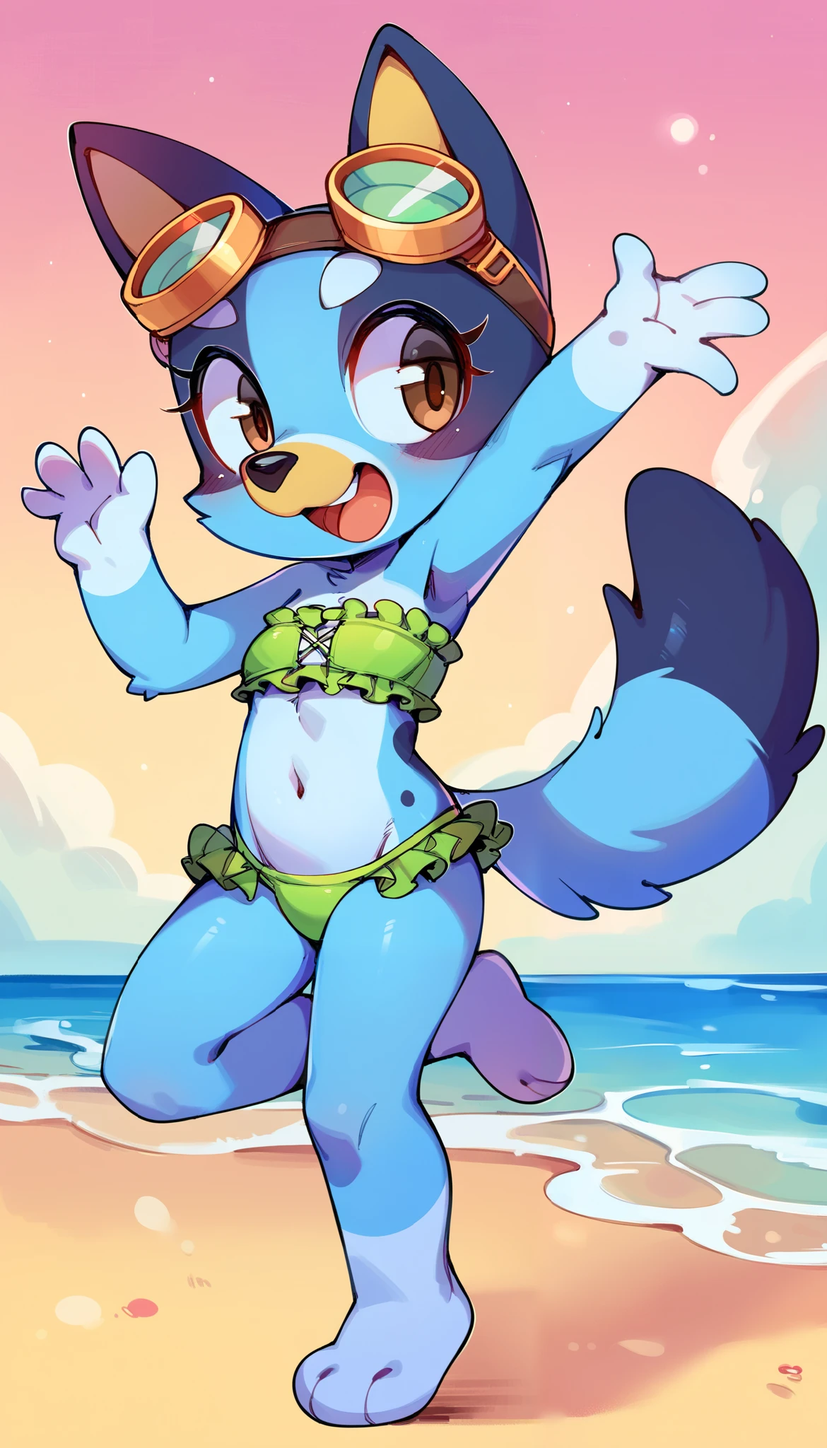 score_9, score_8_up, score_8, 1girl, source_cartoon, source_furry, blueyxl, bluey heeler, , young, girl, anthro, furry, tail, blue body, brown eyes, animal ears, flat shaded background, :3, feminine, female, slender figure, slim body, short body, tiny body, ((goggles, green frilly strapless bikini top, midriff, green ruffled bikini bottom)), navel, countershading, beach, clear sky, navel, gorgeous body, anime style, 2D, full body, feets with three toes, standing one leg up, flexible, leg hold pose,