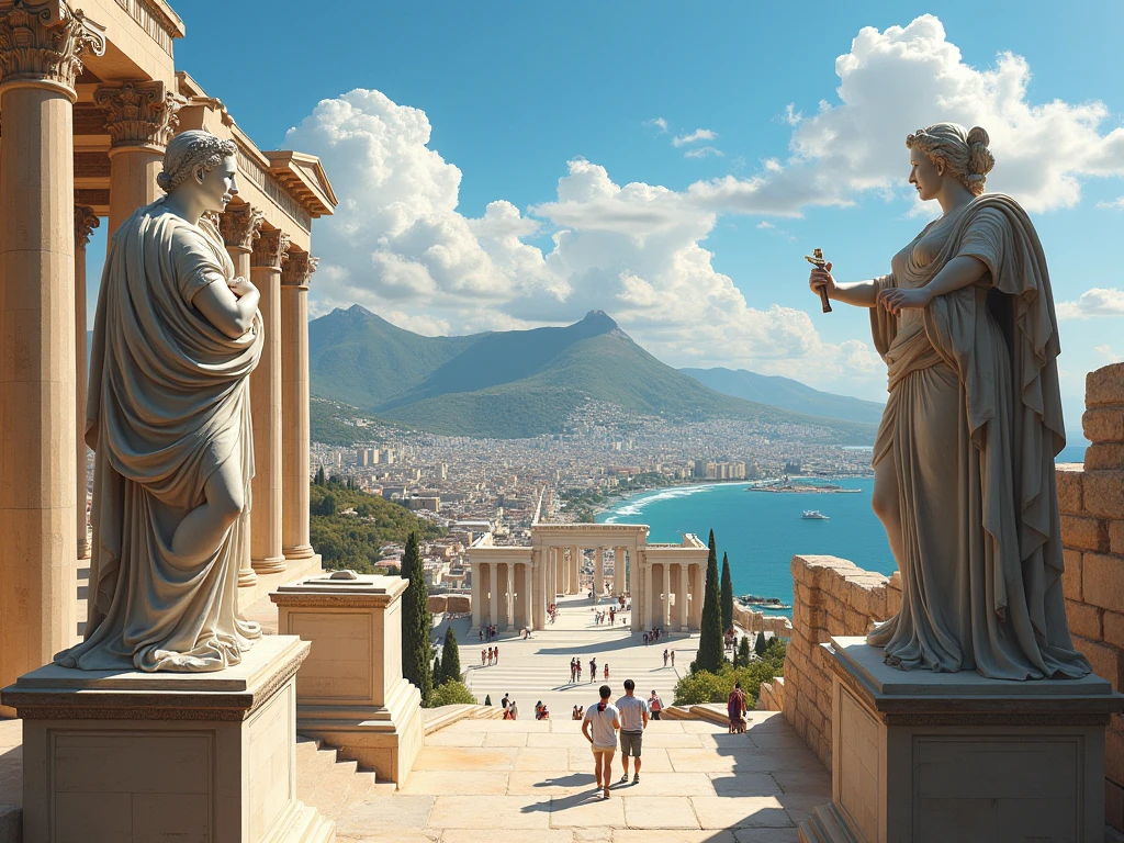 Zeus taking a selfie with female gods at an Athenian temple, wide angle lens, 8K cellphone camera, wide view, (Best Quality), Complex and detailed 3D rendering, Cinematic light, films, photograph realistic
