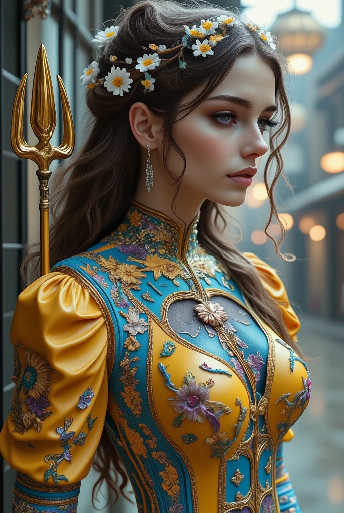  photorealistic image, ( pendant in the form of a trident)  ukrainian woman with very long brown curly hair braided in a long braid, dark eyes ,wreath on the head of daisies . very small breasts ,   ethnic cotton light ,  loose dress in yellow and blue colors with cross stitch . in a rustic retro yard . full height.  dress glows with stripes in cyberpunk style