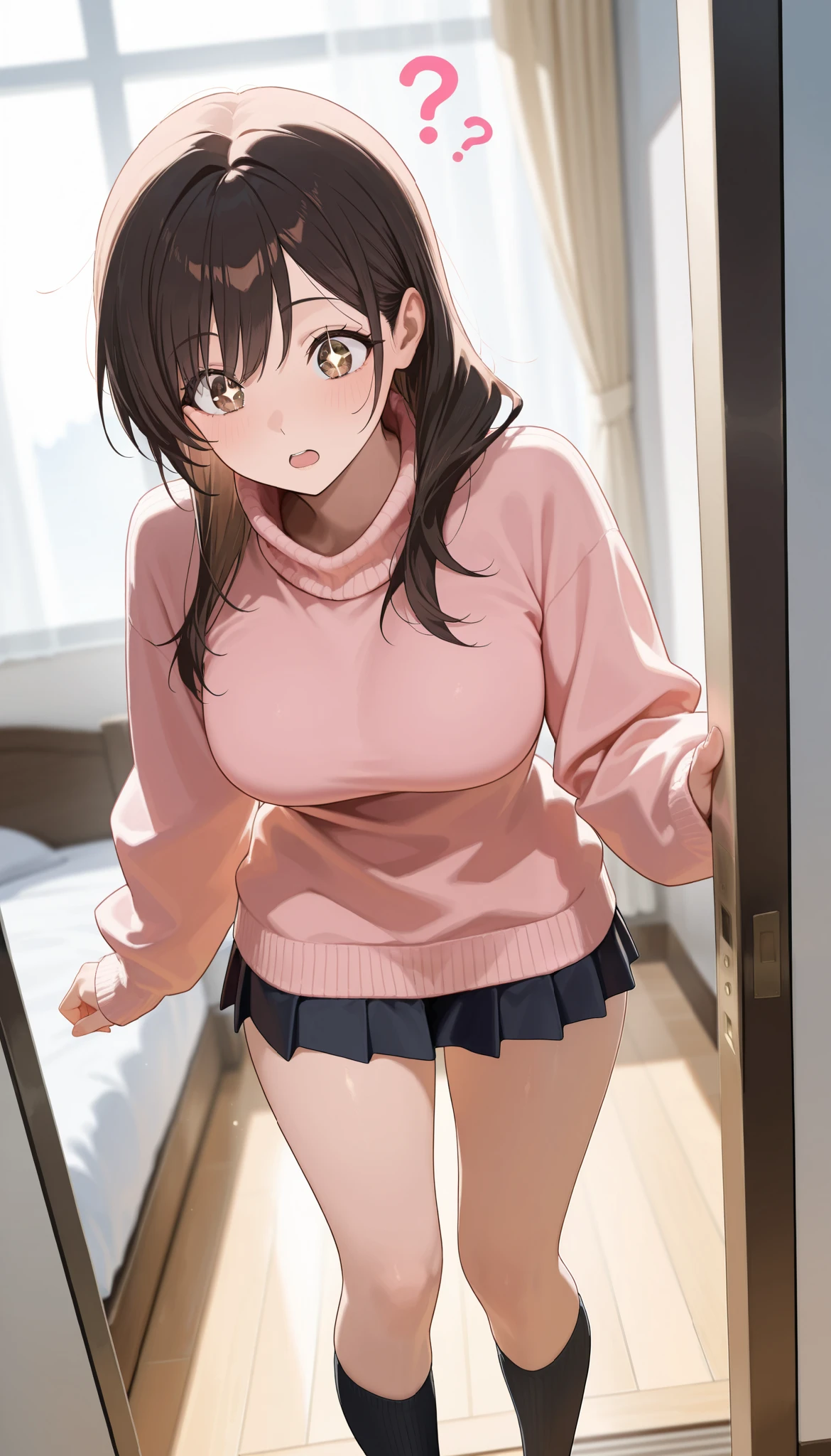 Masterpiece, best quality , great quality, are so aesthetic, High Resolution , ultra detail , That's ridiculous., up to date, scenery, 1 Female, 30 years old, mature, beautiful woman, dark haired, long hair, brown eyes, Sparkling Eyes, detailed face , detailed eyes, cute eyes from the right, medium bust, Fluorescent Pink Sweaters , oversized sweater, gray mini skirt , tight skirt , transparent black socks , side, Her , Surprised to See Me When I Turned On , Question , Focus on the Bottom ,bedroom, detailed background, soft sunlight , depth of field, break, detailed skin, Masterpiece, best quality , great quality, are so aesthetic, High Resolution , ultra detail , delicate, That's ridiculous., up to date, scenery, depth of field, volumetric lighting