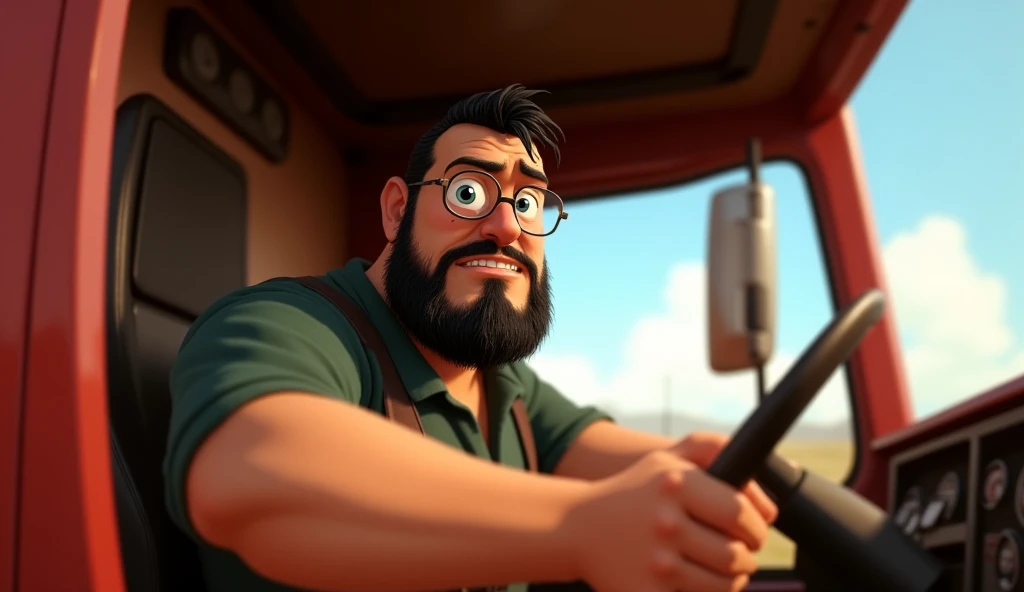 Trucker ,  close up of the cabin ,  you can see his hand on the steering wheel ,  you can see his face ,  he has a round face ,  is sturdy ,  he has an unkempt beard and glasses, short black hair, Pixar style 